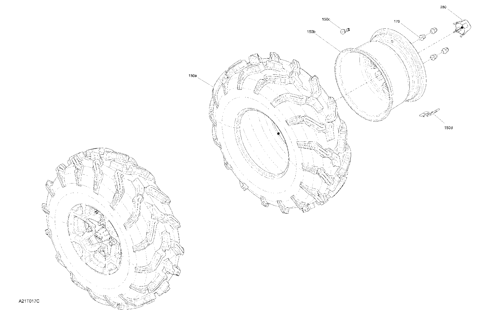 An Image of a Genuine Can-Am Parts Schematic Diagram showing the schematic - DRIVE - REAR SECTION - WHEELS - MOSSY OAK EDITION
