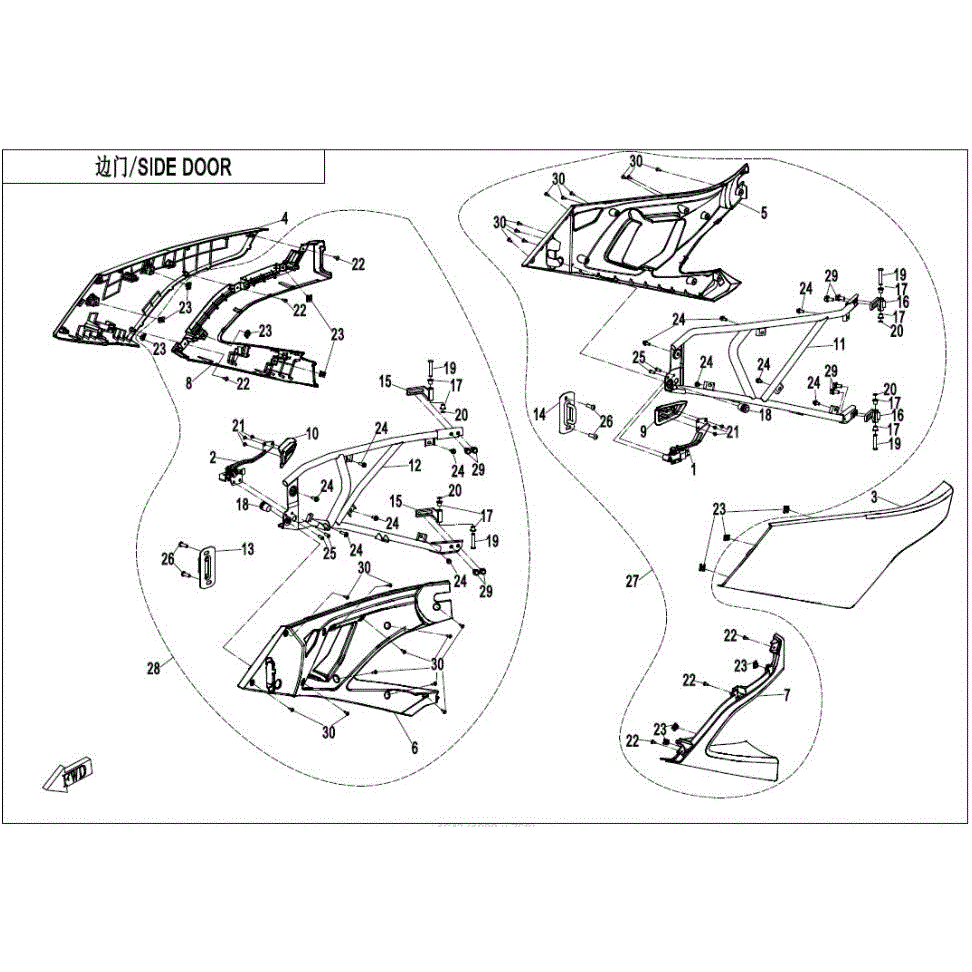 An Image of a Genuine CFMOTO Parts Schematic Diagram showing the schematic - SIDE DOORS - 2022 CFMOTO ZFORCE 950 Sport