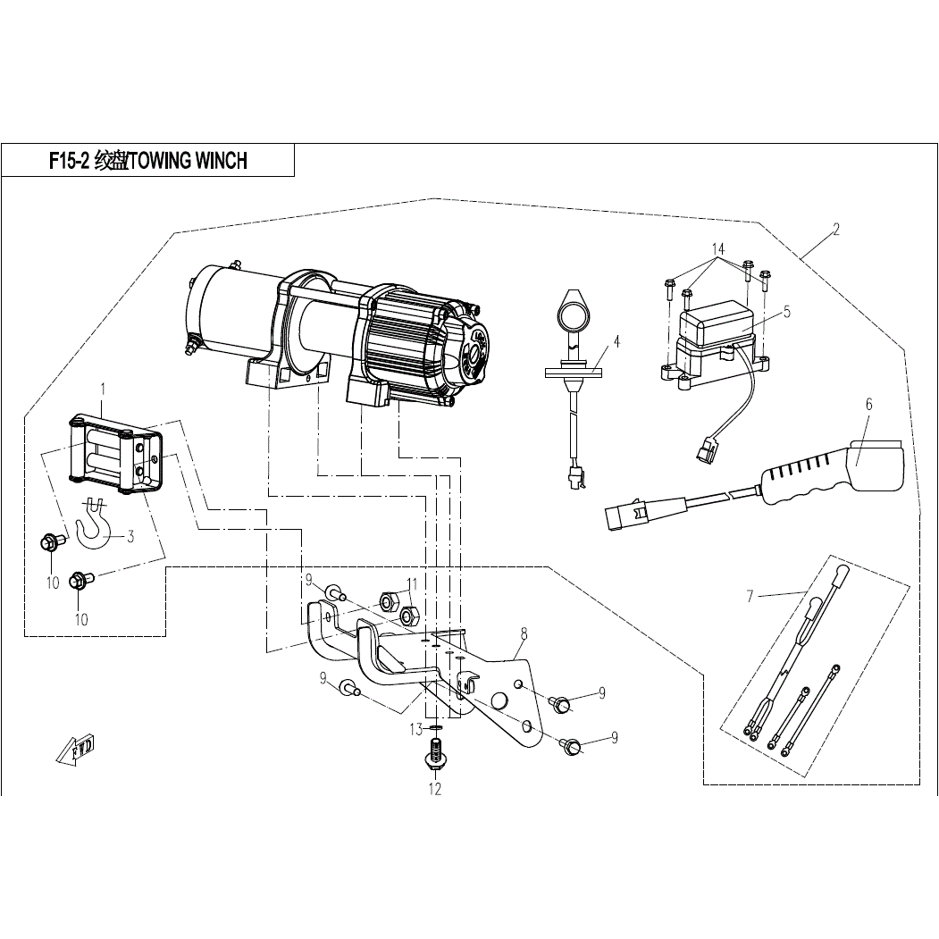 An Image of a Genuine CFMOTO Parts Schematic Diagram showing the schematic - TOWING WINCH - 2021 CFMOTO ZFORCE 500