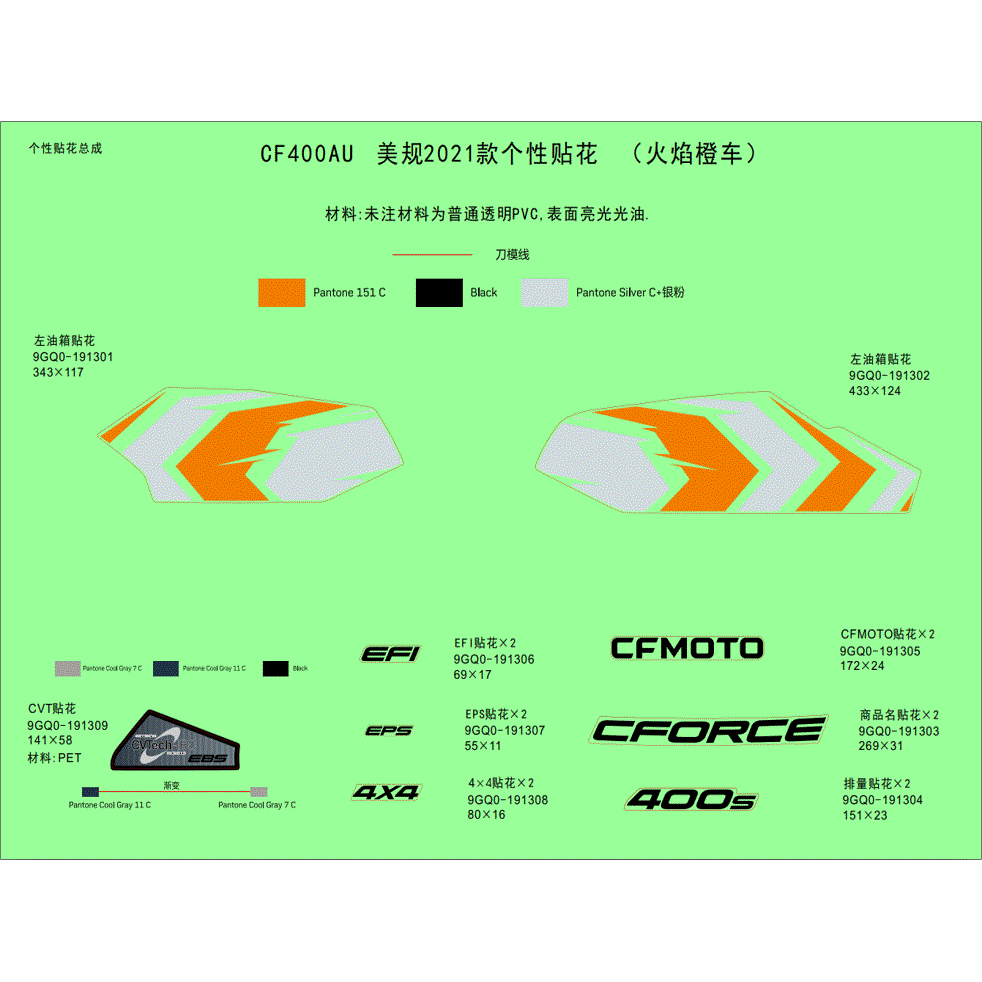 An Image of a genuine CFMOTO Parts Schematic Diagram showing the group - DECAL KIT (LAVA ORANGE) - 2022 CFMOTO CFORCE 400