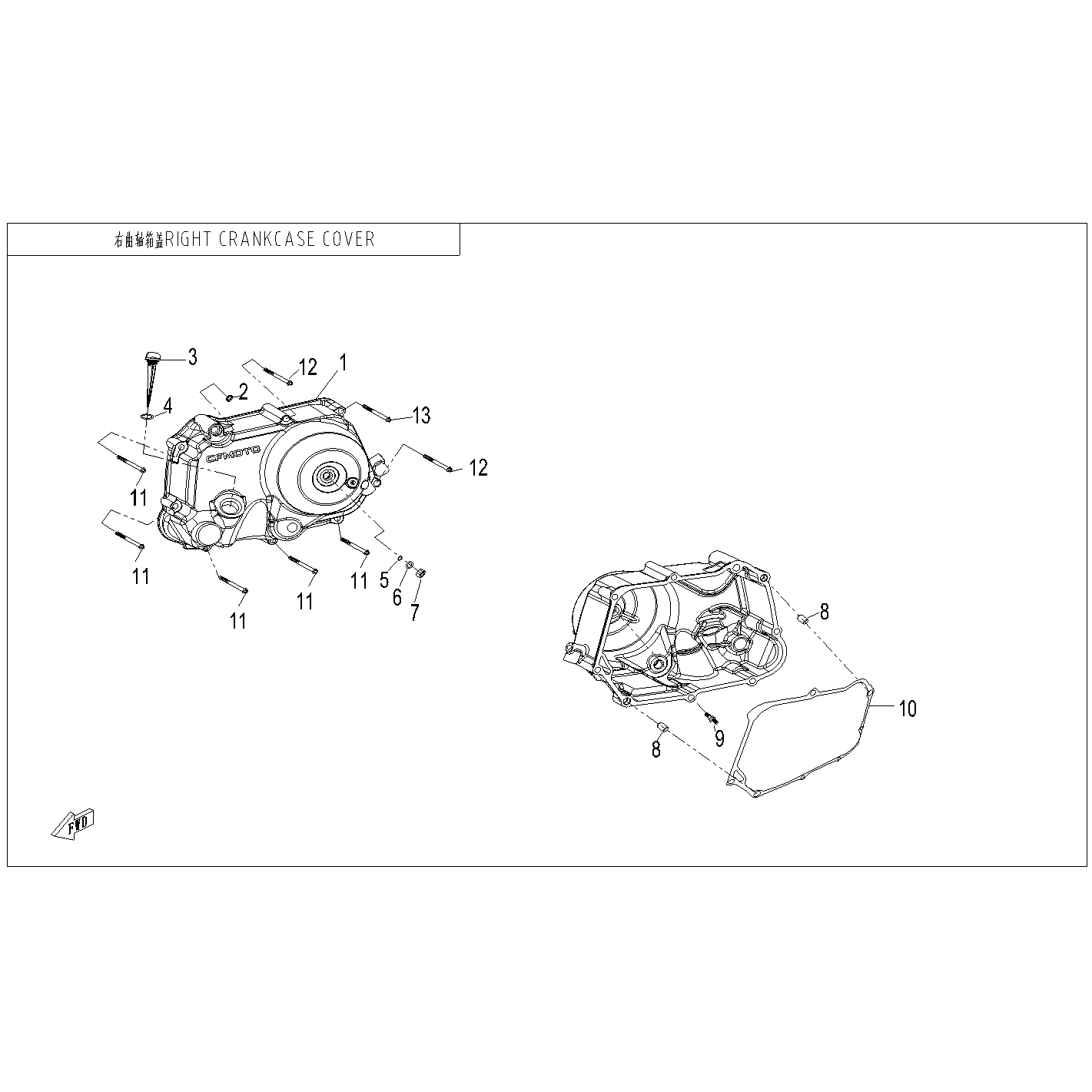 An Image of a genuine CFMOTO Parts Schematic Diagram showing the group - RIGHT CRANKCASE COVER - 2024 CFMOTO CFORCE 110