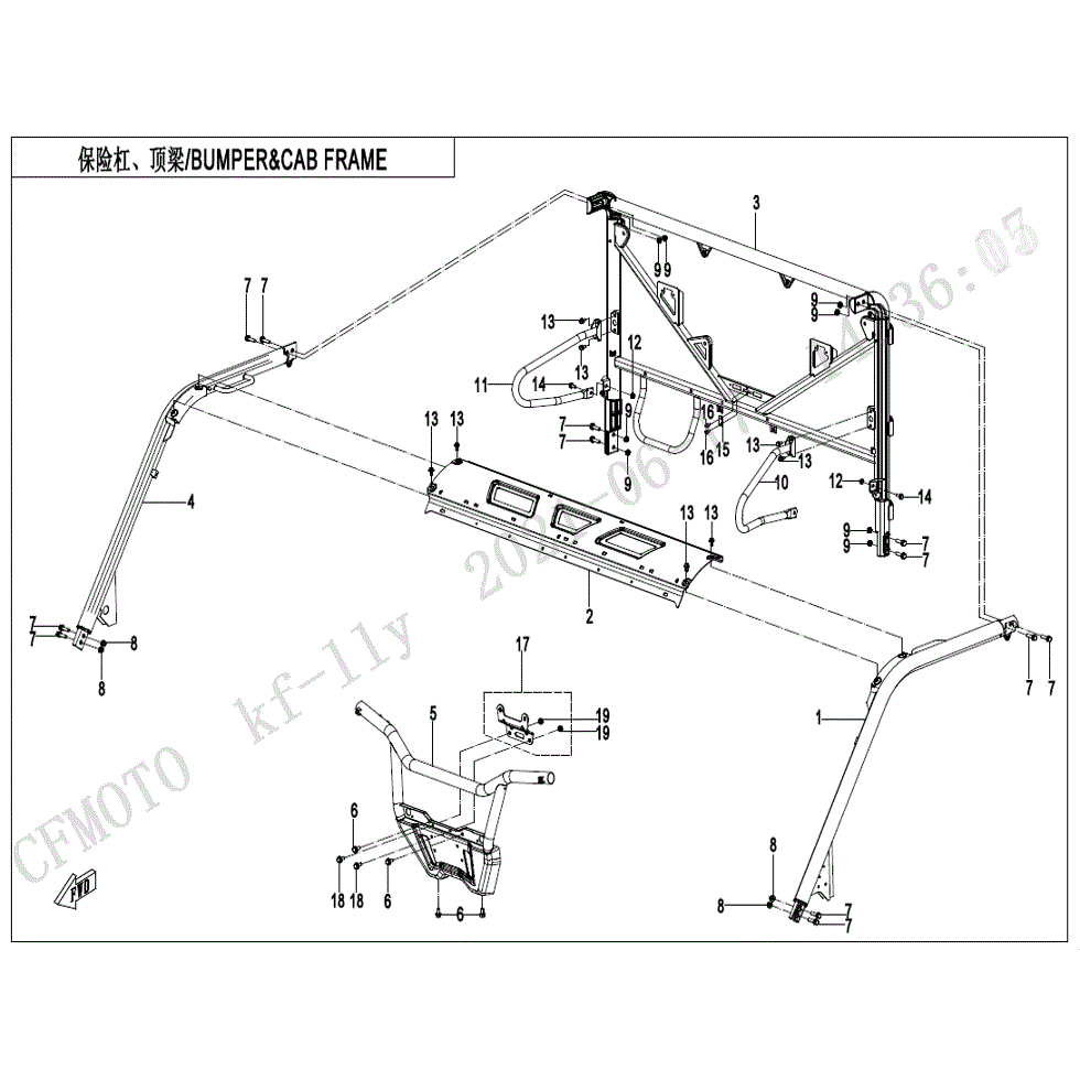 An Image of a Genuine CFMOTO Parts Schematic Diagram showing the schematic - BUMPER & CAB FRAME - 2022 CFMOTO UFORCE 1000