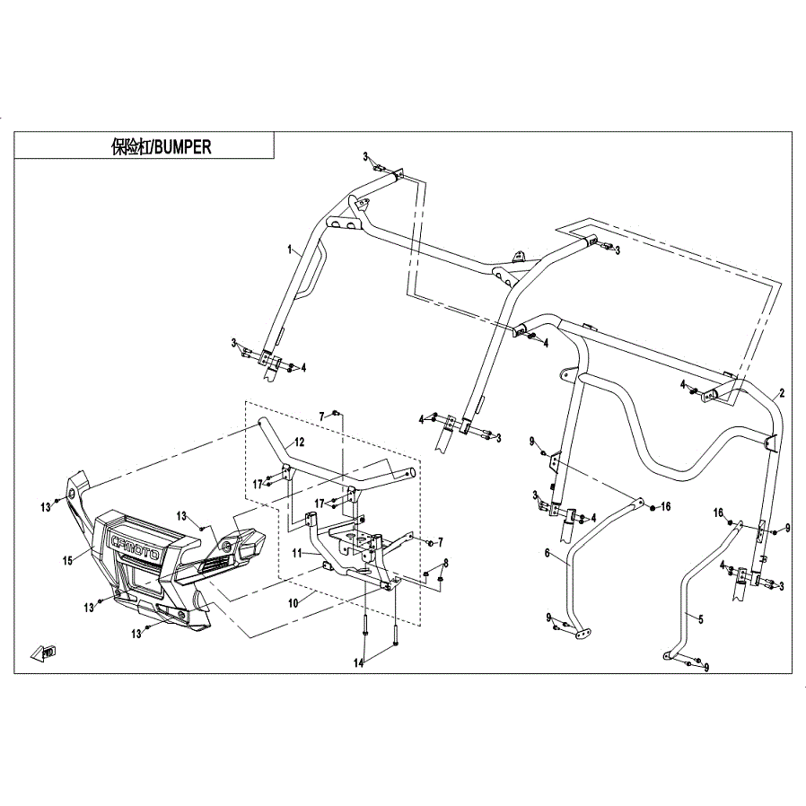 An Image of a Genuine CFMOTO Parts Schematic Diagram showing the schematic - BUMPER - 2019 CFMOTO UFORCE 800