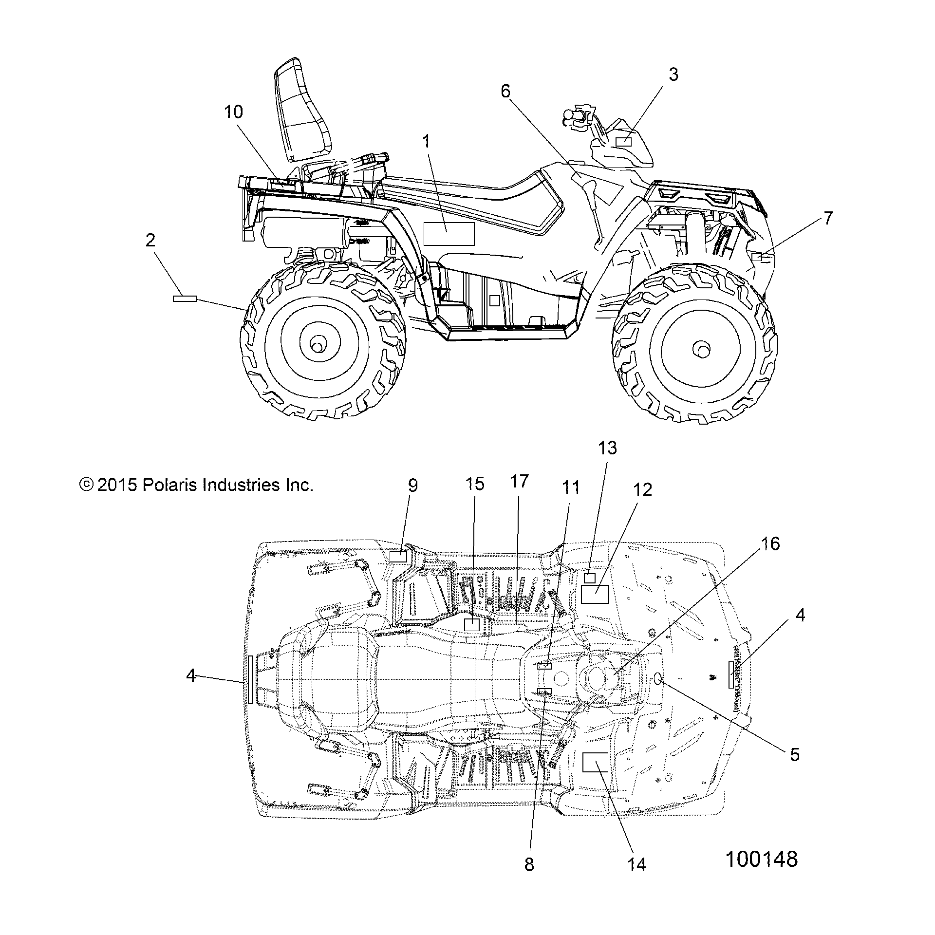 An Image of a Genuine Polaris Parts Schematic Diagram showing the schematic - BODY: DECALS - 2016 POLARIS SPORTSMAN TOURING 570 EFI/EPS