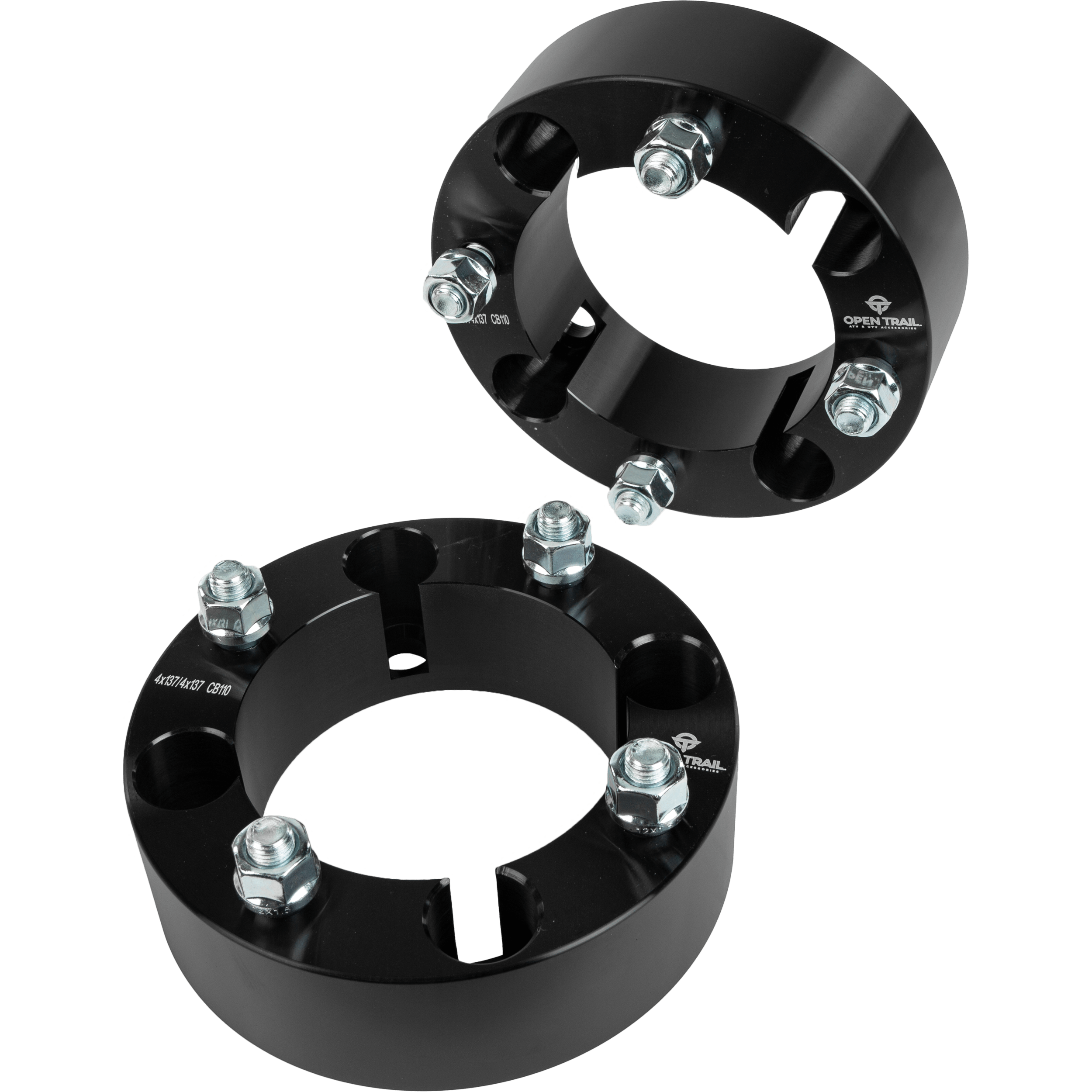 A pair of Open Trail Wheel Spacer 2 4/137 Stud: 12mm x 1.5mm, black aluminum alloy spacers with silver bolts, shown on a white background. Cylindrical design with multiple holes to improve traction and road stability.