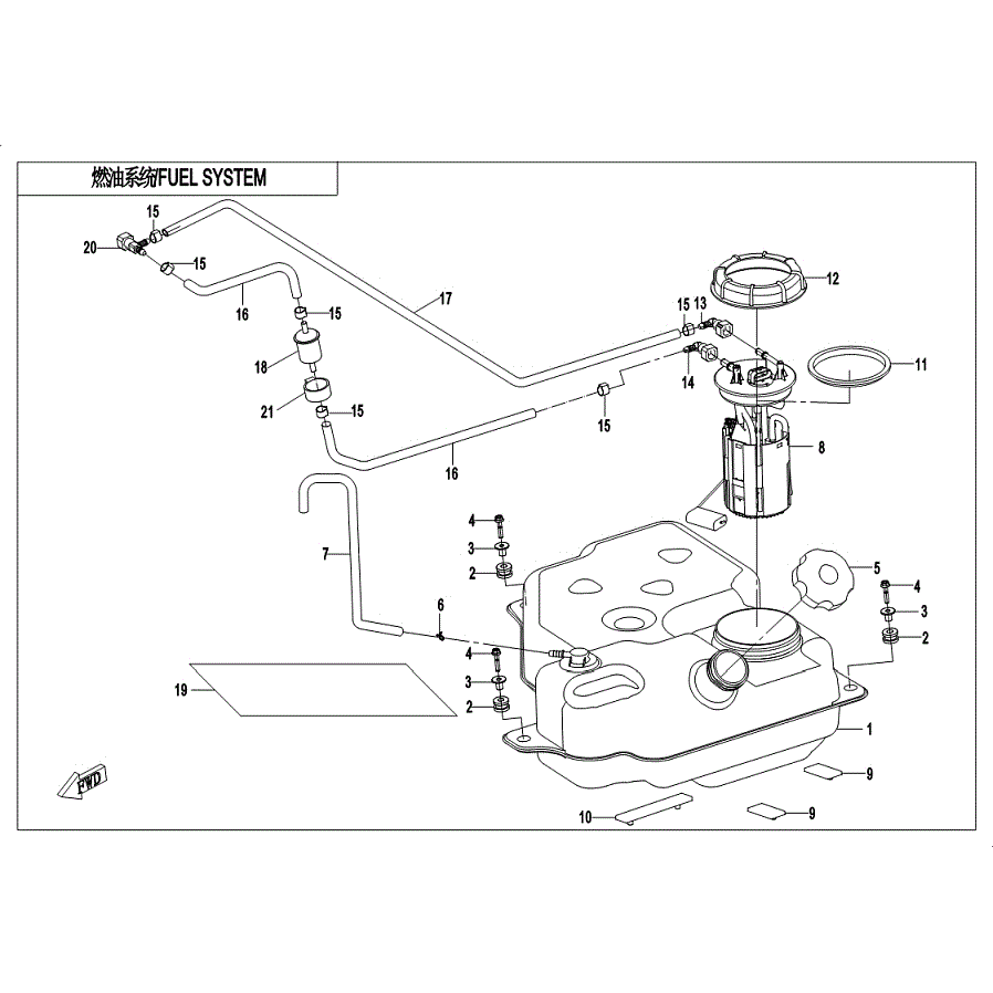 An Image of a Genuine CFMOTO Parts Schematic Diagram showing the schematic - FUEL SYSTEM - 2019 CFMOTO ZFORCE 500