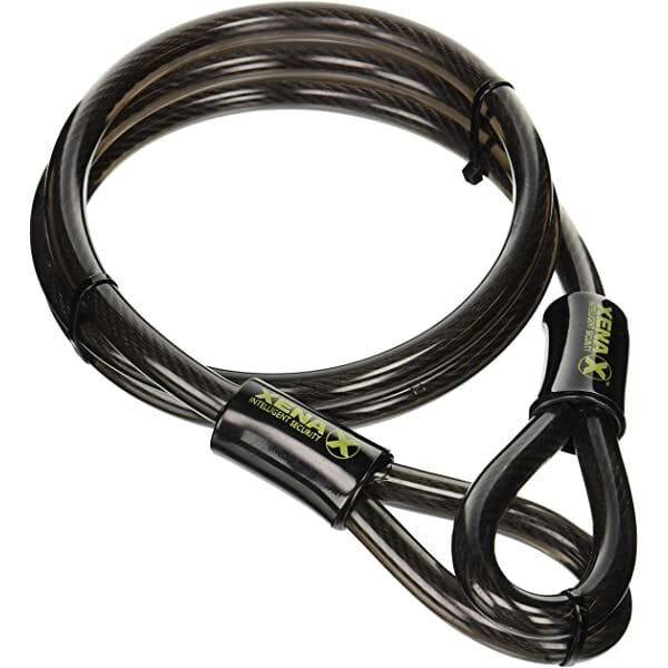 The Xxa-150 150Cm Flexible Steel Cable & Xx Lock Adapter by Xena is a coiled black steel cable with looped ends, encased in clear plastic, featuring a small branded label.