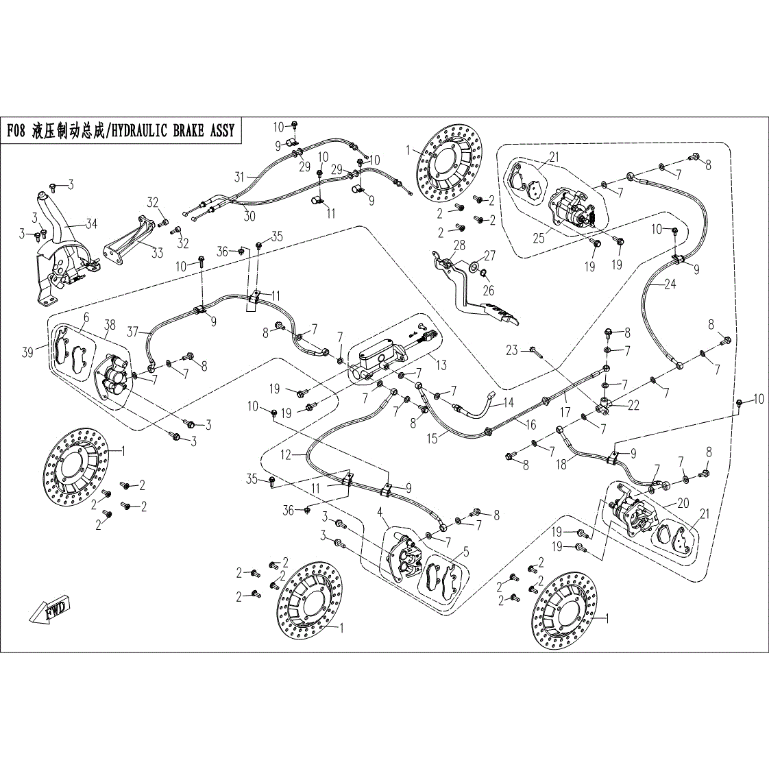 An Image of a Genuine CFMOTO Parts Schematic Diagram showing the schematic - HYDRAULIC BRAKE ASSY - 2017 CFMOTO UFORCE 800 EPS