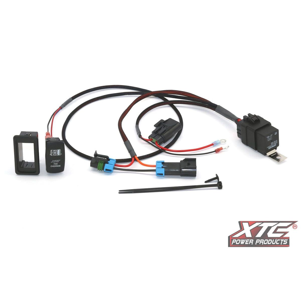 The Plug N Play Fan Override Pol by XTC Power features a wiring harness kit with connectors, Metri-Pack Sealed Relay, Carling Sealed Rocker Switch with Red LED, mounting bracket, and zip ties—shown on white with the XTC Power Products logo.