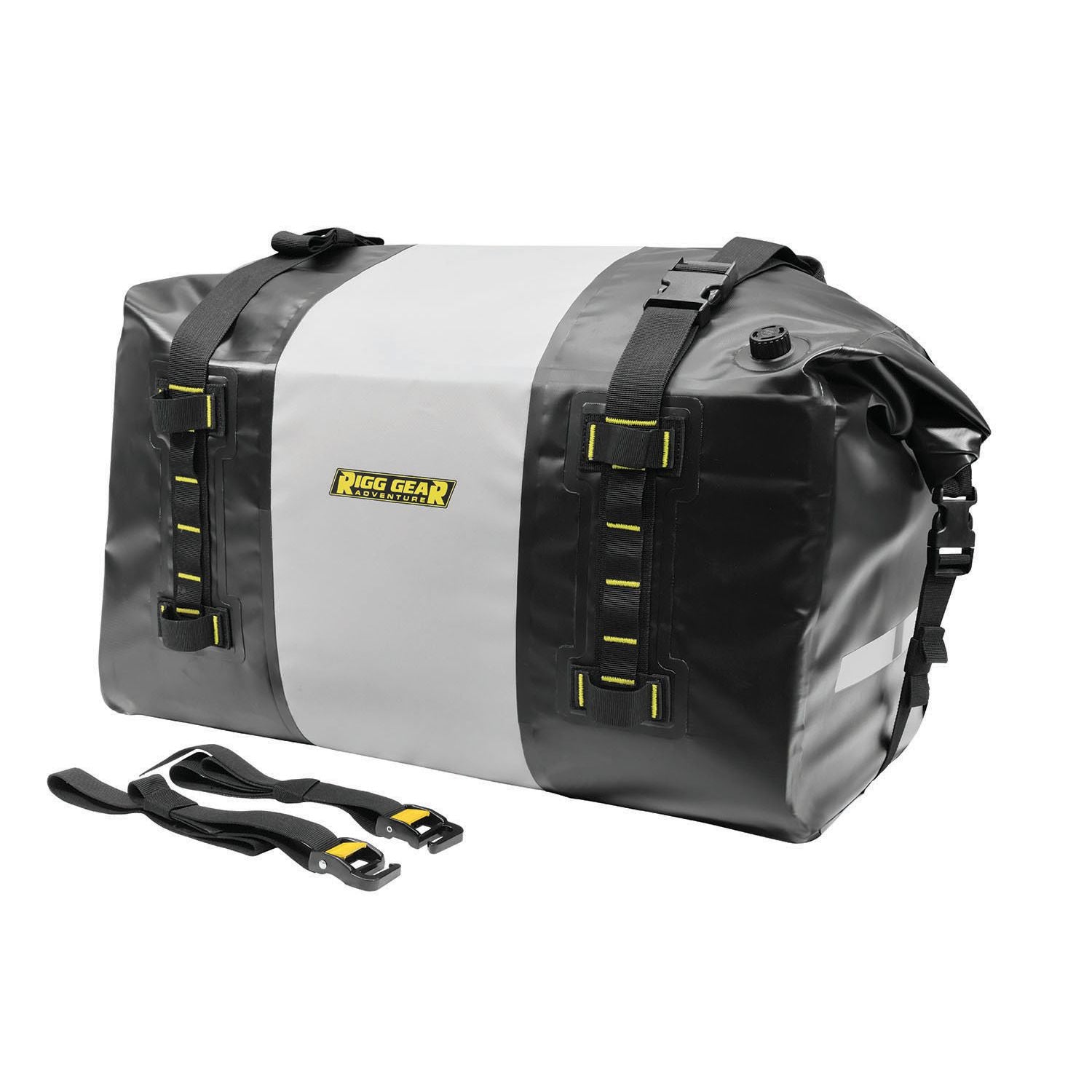The Hurricane Dry Duffle Bag 60L by Nelson Rigg is a large black and gray waterproof motorcycle bag with yellow-accented straps and buckles. In front are two detachable black straps with the RiggSTRAP system.