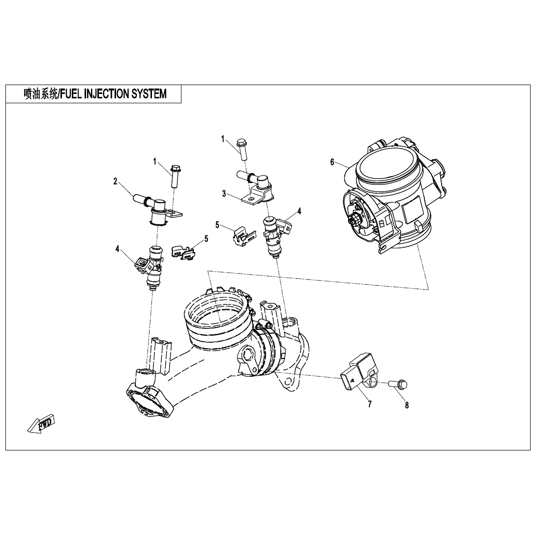An Image of a genuine CFMOTO Parts Schematic Diagram showing the group - FUEL INJECTION SYSTEM(NO FUEL VAPORIZATION SYSTEM) - 2024 CFMOTO CFORCE 1000