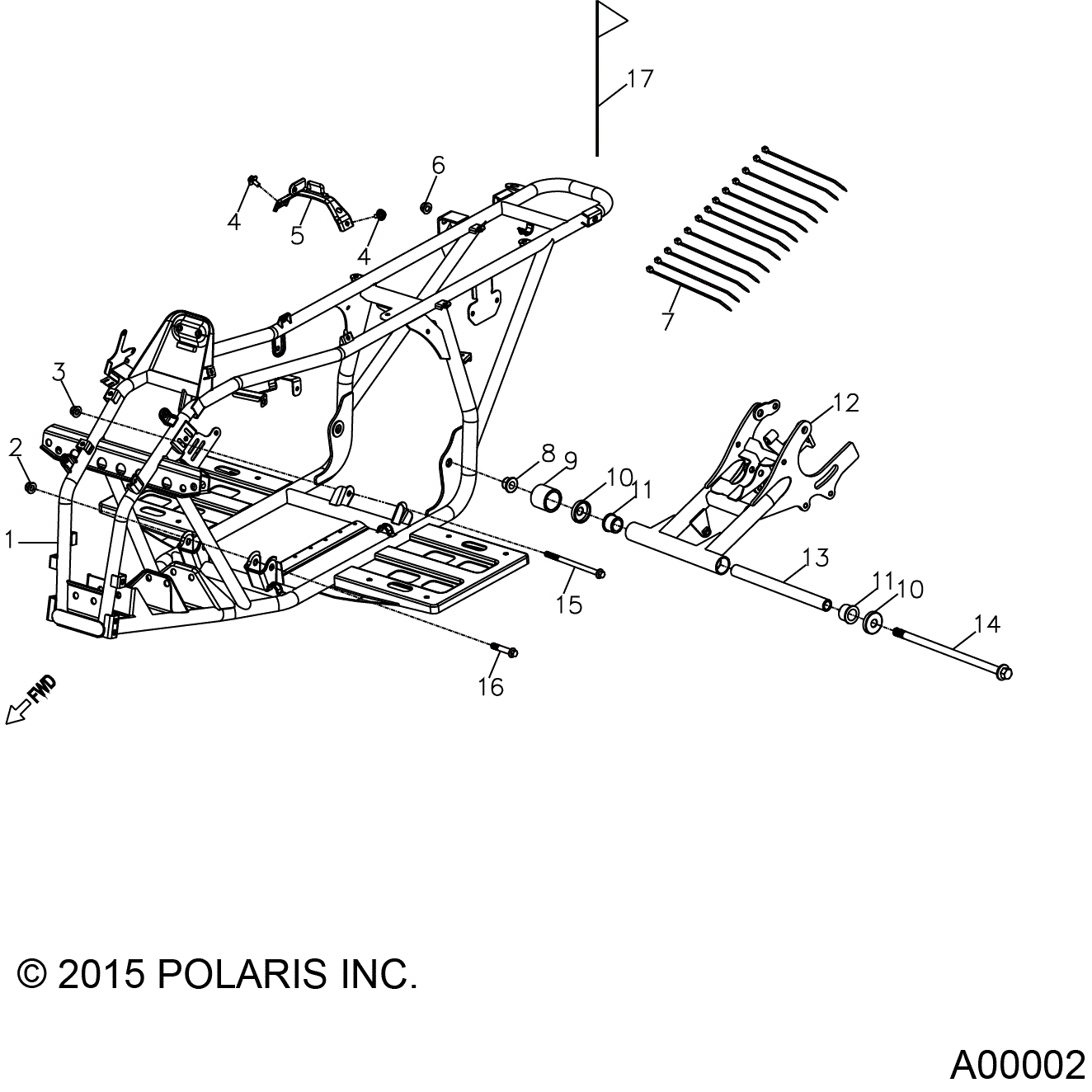 An Image of a Genuine Polaris Parts Schematic Diagram showing the schematic - CHASSIS: FRAME - 2017 POLARIS SPORTSMAN 110