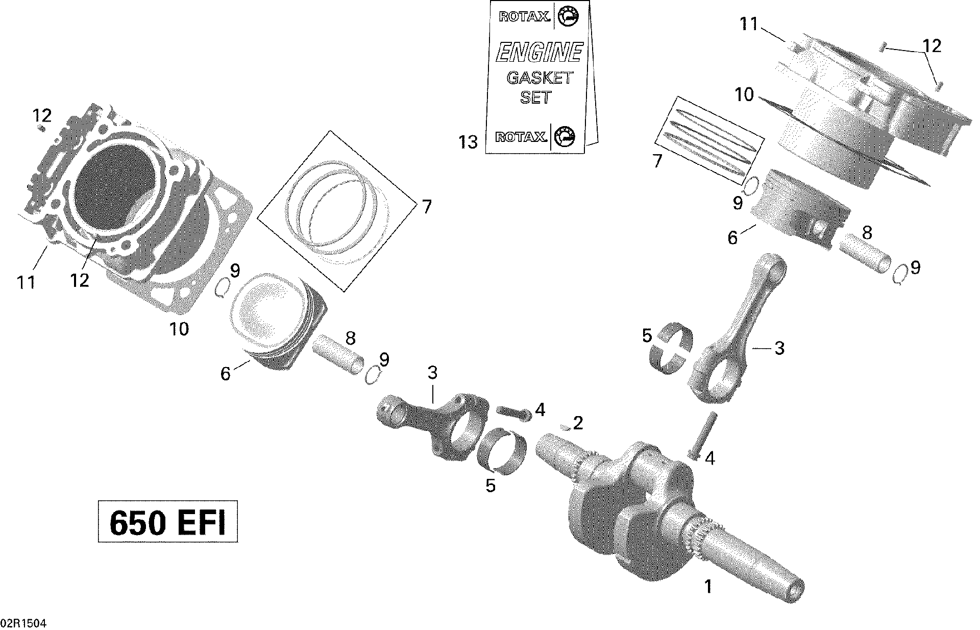 An Image of a Genuine Can-Am Parts Schematic Diagram showing the schematic - CRANKSHAFT PISTON AND CYLINDER _02R1504