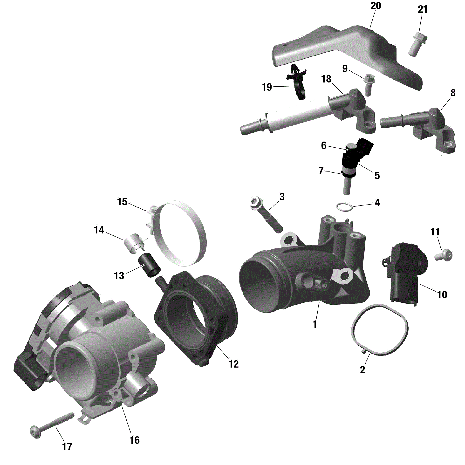 An Image of a Genuine Can-Am Parts Schematic Diagram showing the schematic - ROTAX - AIR INTAKE MANIFOLD AND THROTTLE BODY
