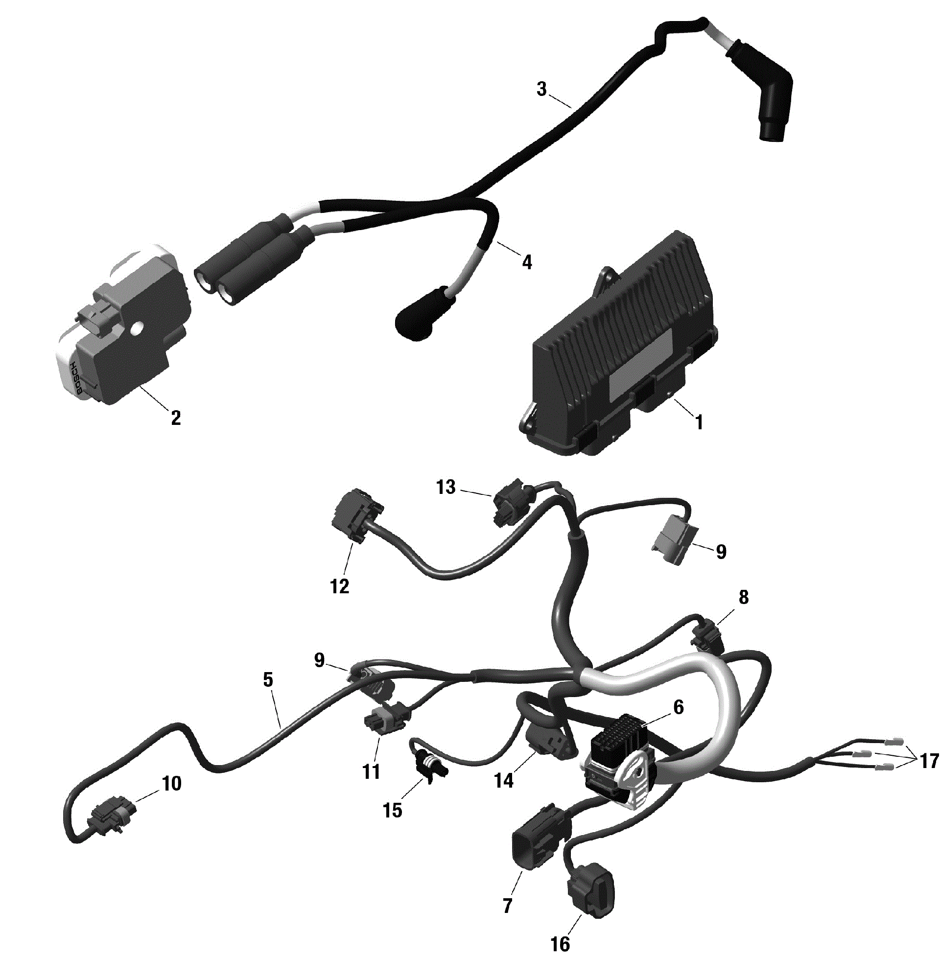 An Image of a Genuine Can-Am Parts Schematic Diagram showing the schematic - ROTAX - ENGINE HARNESS AND ELECTRONIC MODULE