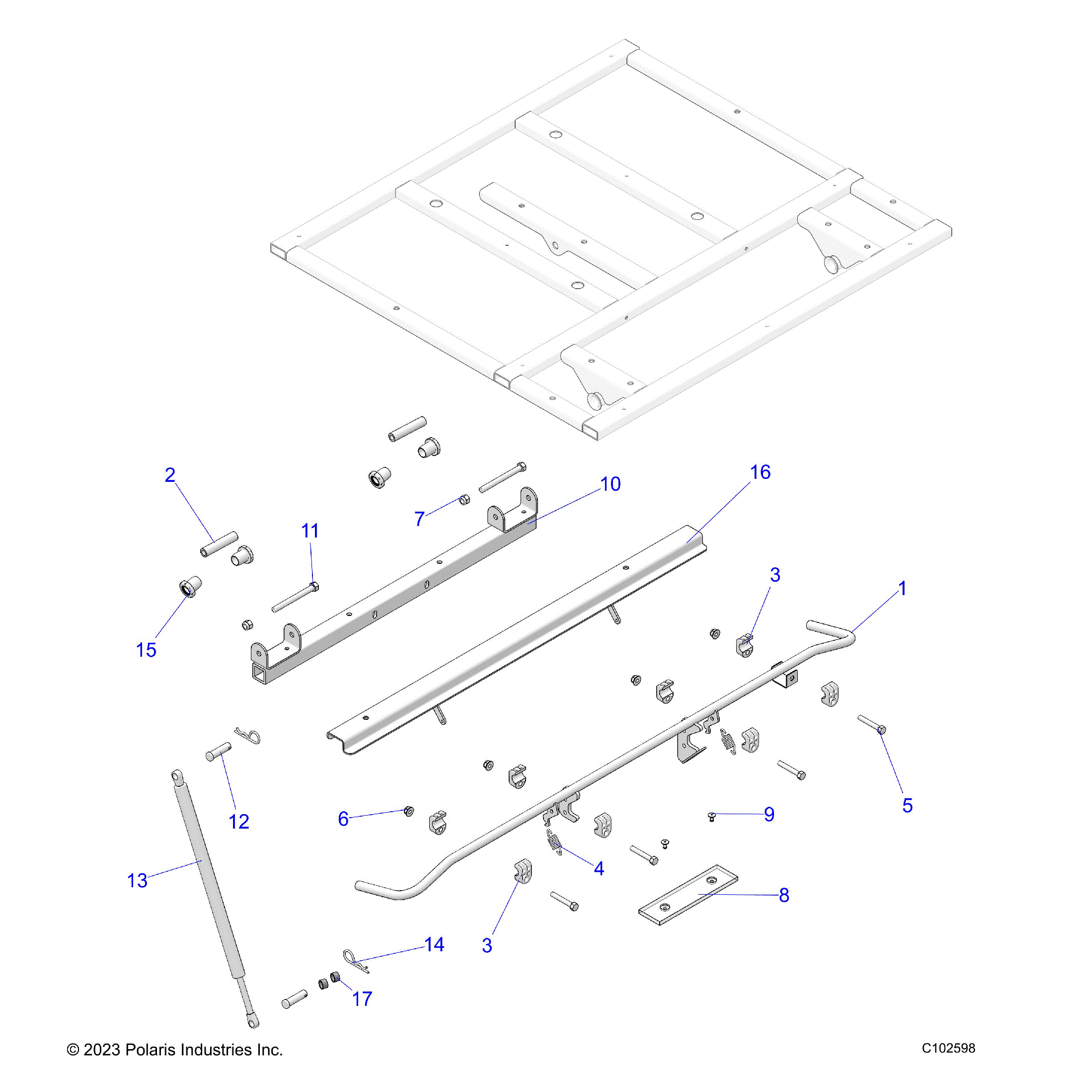 An Image of a Genuine Polaris Parts Schematic Diagram showing the schematic - BODY: DUMP BOX LEVER and SHOCK MOUNTING - 2026 POLARIS SPORTSMAN 570 6X6 EPS 49S
