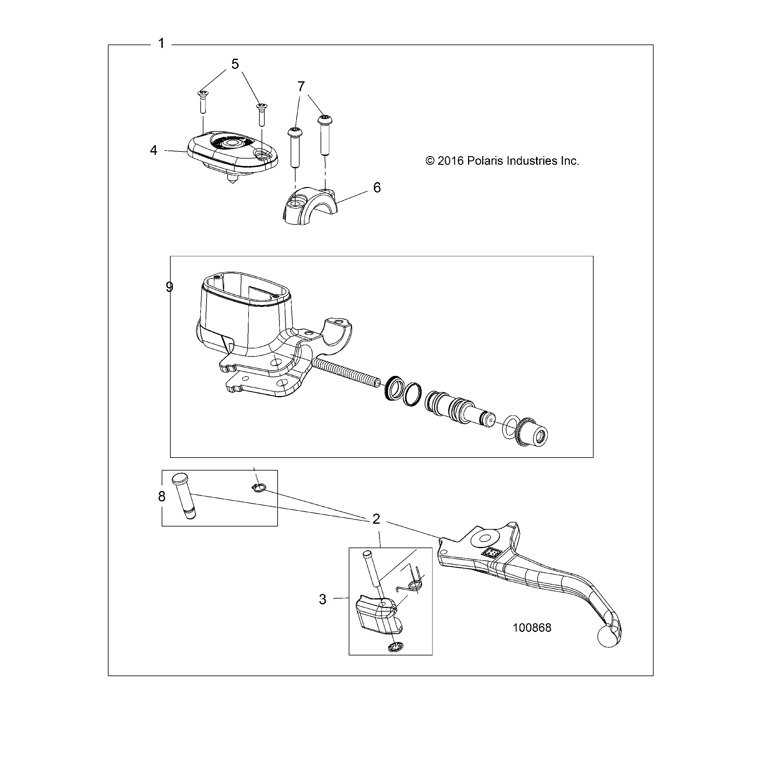 An Image of a Genuine Polaris Parts Schematic Diagram showing the schematic - BRAKES: FRONT BRAKE LEVER and MASTER CYLINDER - 2023 POLARIS SPORTSMAN 570 EPS EBS TRAIL 49S