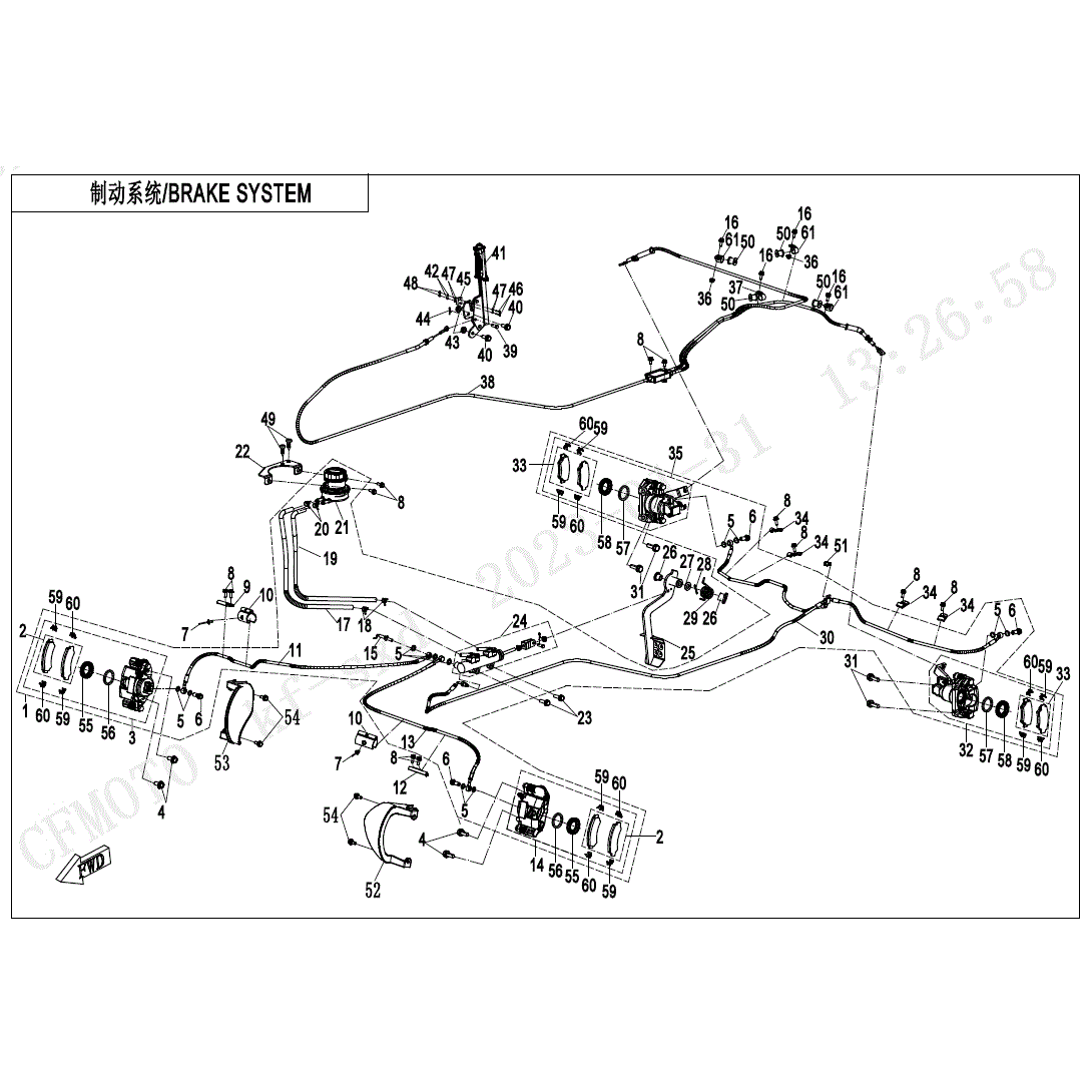 An Image of a Genuine CFMOTO Parts Schematic Diagram showing the schematic - BRAKE SYSTEM - 2024 CFMOTO UFORCE 1000