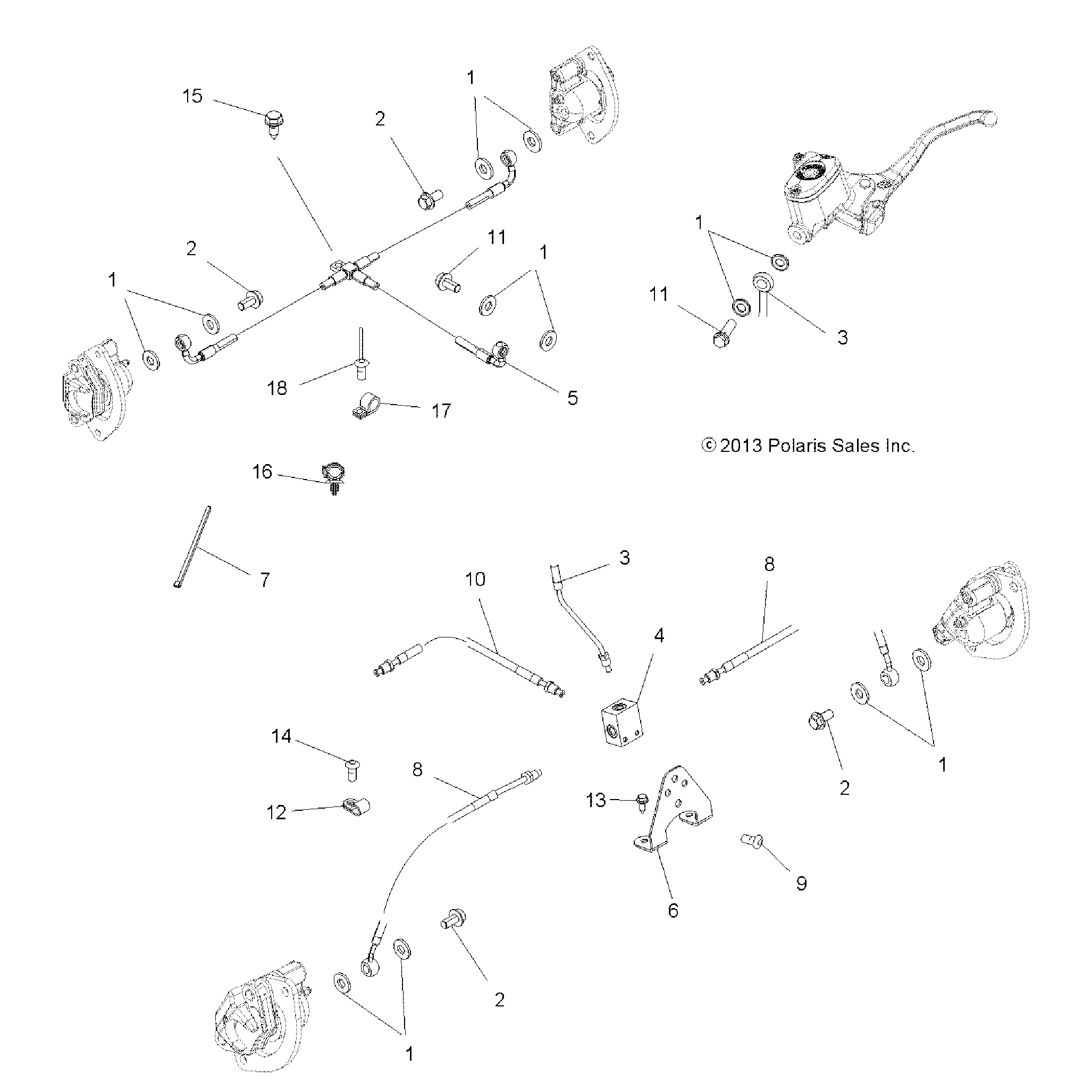 An Image of a Genuine Polaris Parts Schematic Diagram showing the schematic - BRAKES: BRAKE LINES - 2015 POLARIS SPORTSMAN TOURING 1000