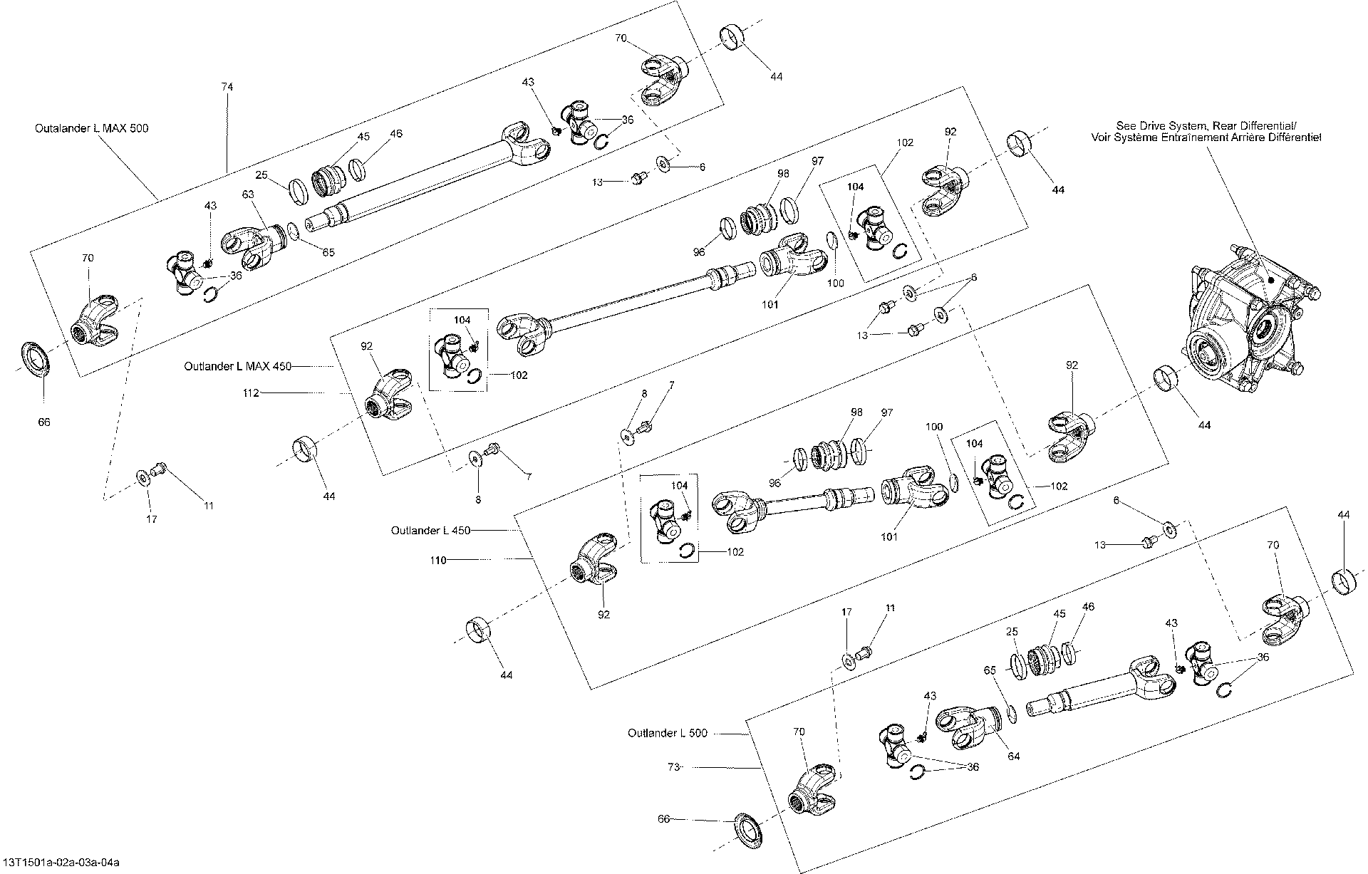 An Image of a Genuine Can-Am Parts Schematic Diagram showing the schematic - DRIVE SYSTEM REAR PROPELLER SHAFT_13T1501A