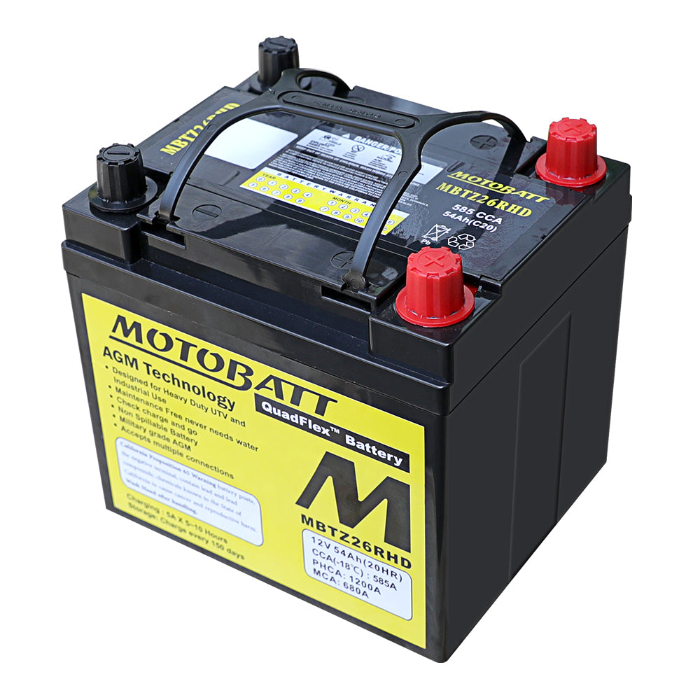 The Mbtz26Rhd Sealed Factory Activated AGM Battery by MotoBatt is black with yellow labeling, features multi-terminal red and black posts, a central handle, and showcases advanced AGM technology.