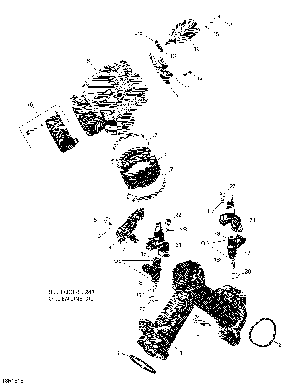 An Image of a Genuine Can-Am Parts Schematic Diagram showing the schematic - AIR INTAKE MANIFOLD AND THROTTLE BODY - 650 EFI