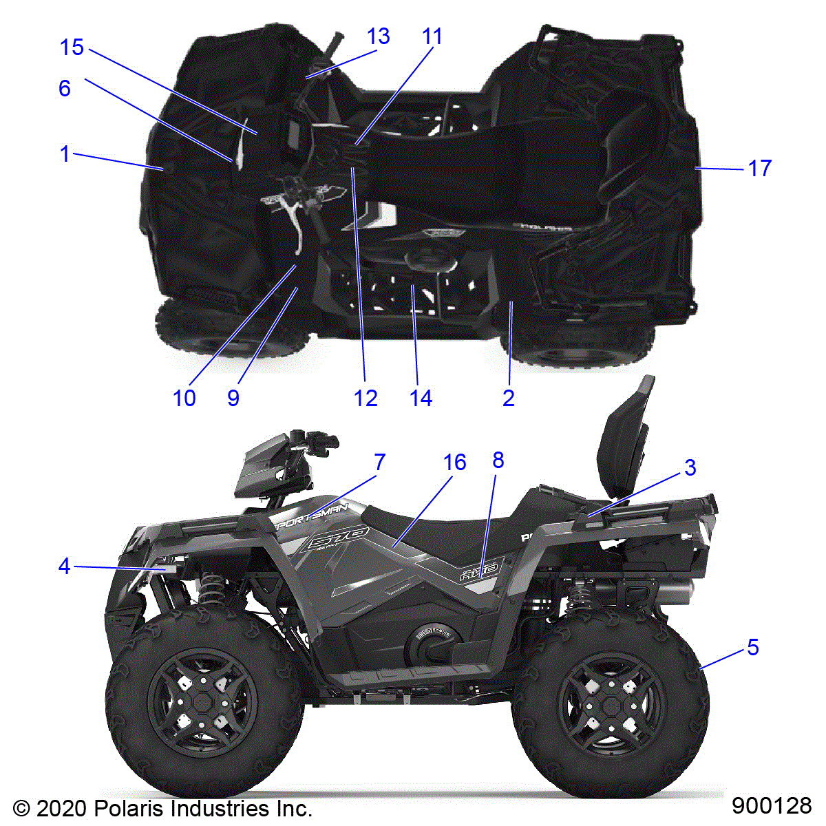 An Image of a Genuine Polaris Parts Schematic Diagram showing the schematic - BODY: DECALS - 2020 POLARIS SPORTSMAN TOURING 570 PREMIUM