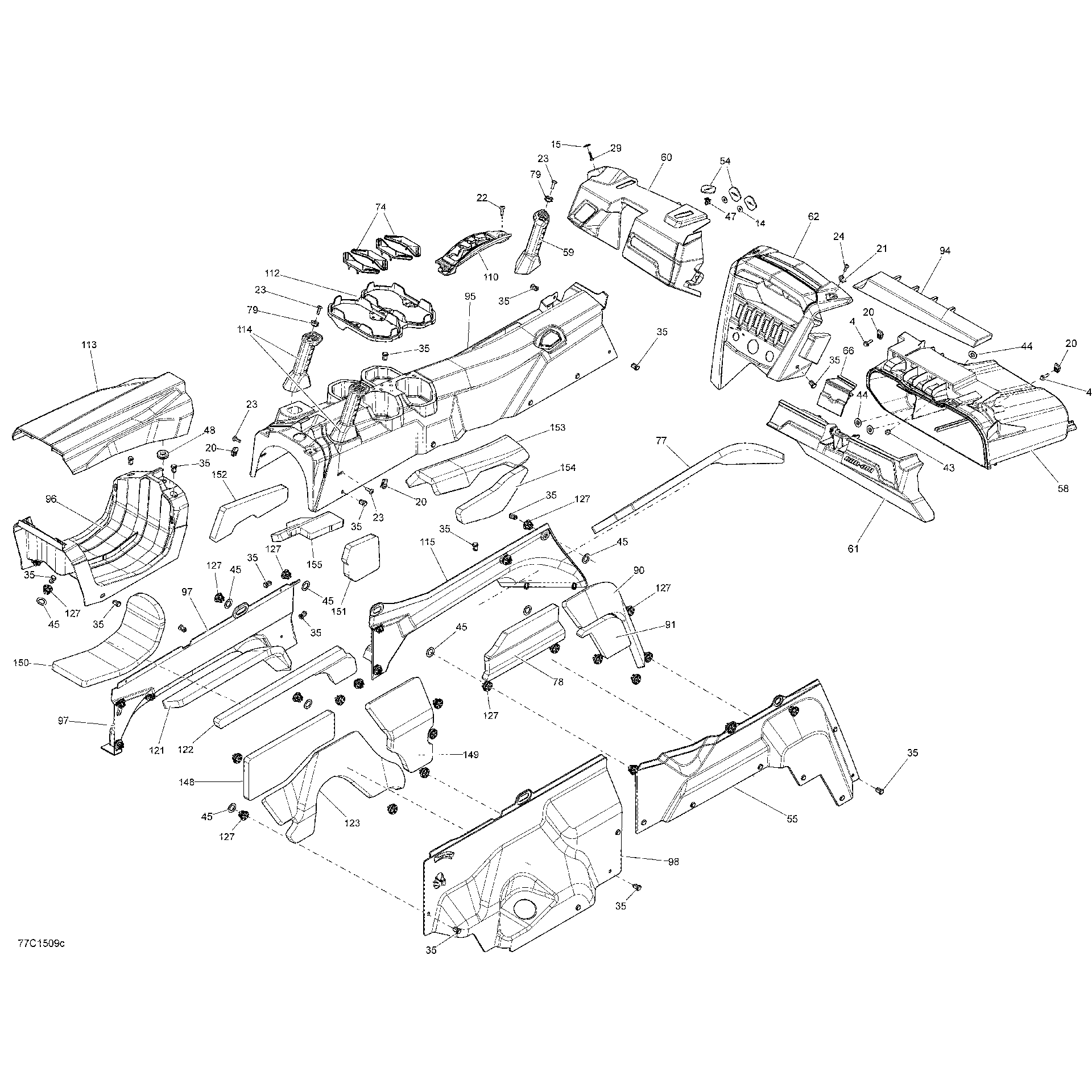 An Image of a Genuine Can-Am Parts Schematic Diagram showing the schematic - CAB INTERIOR DASH AND CONSOLE_77C1509C