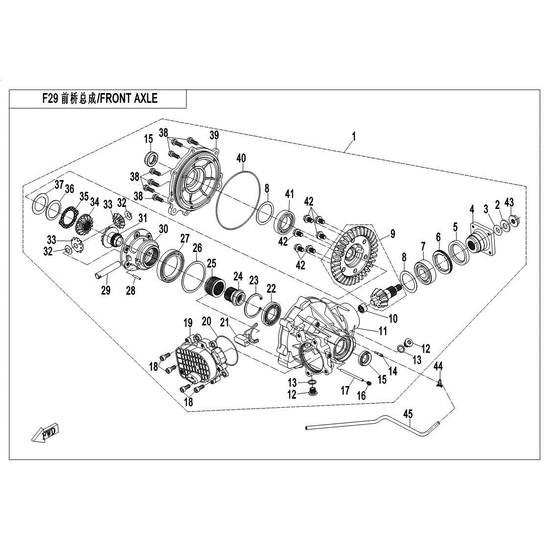 An Image of a Genuine CFMOTO Parts Schematic Diagram showing the schematic - FRONT DIFFERENTIAL - 2017 CFMOTO ZFORCE 500