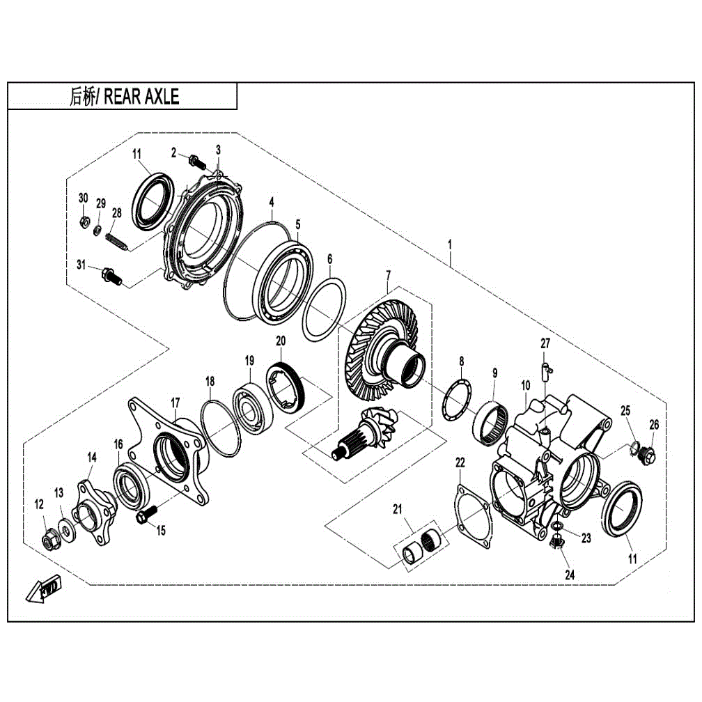 An Image of a genuine CFMOTO Parts Schematic Diagram showing the group - REAR AXLE - 2021 CFMOTO CFORCE 400