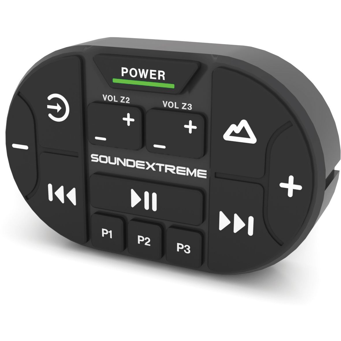 The Transom Remote by EcoXGear is a black oval remote with buttons for power, volume, play/pause, skip, a mountain icon, and three programmable keys. Features a green POWER indicator and controls your 100 watt amp or LEDCast-enabled speakers.