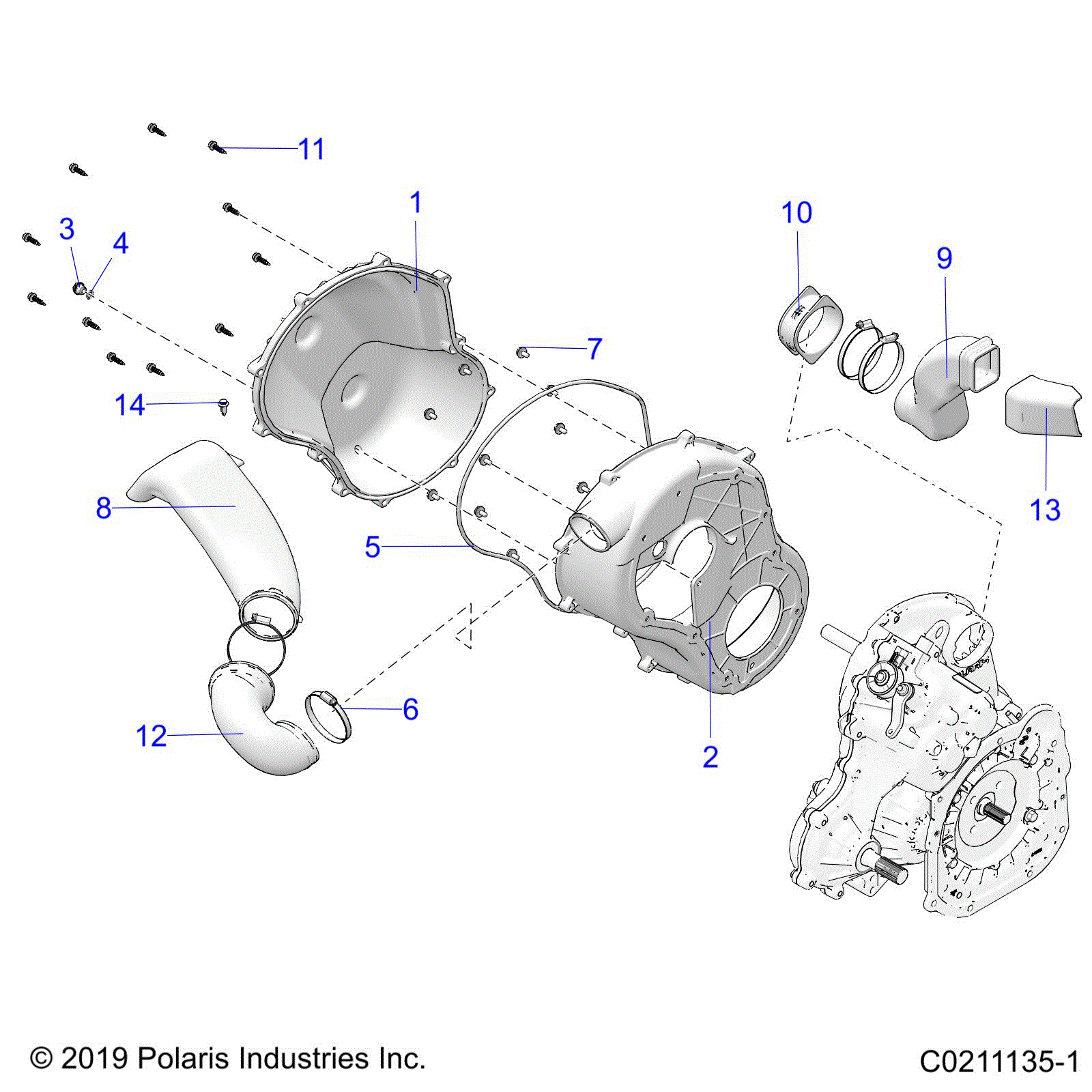 An Image of a Genuine Polaris Parts Schematic Diagram showing the schematic - BODY: CLUTCH COVER - 2024 POLARIS SPORTSMAN 850 48" ULTIMATE TRAIL
