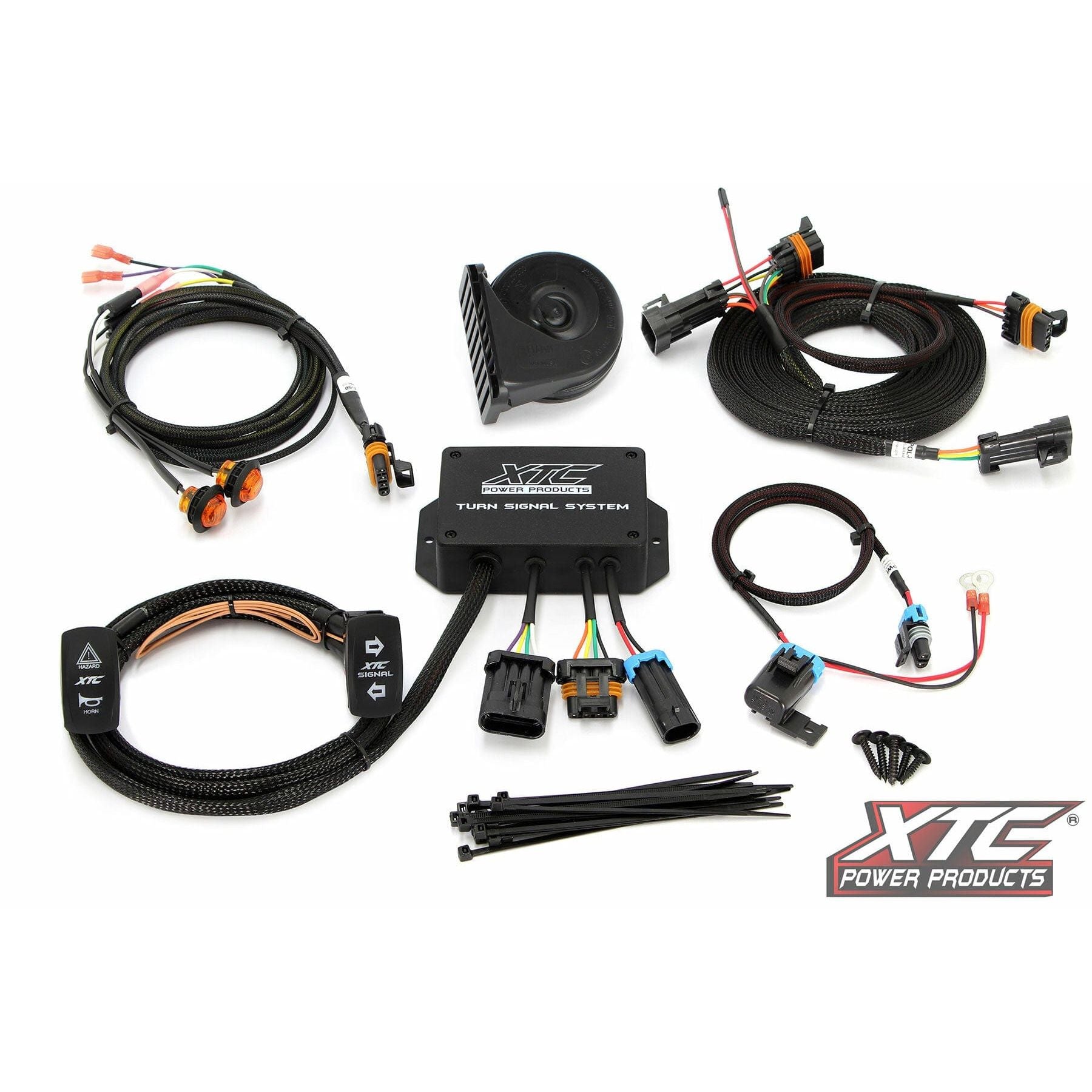 The Standard Turn Signal Kit Pol by XTC Power includes wiring harnesses, connectors, XTC control module, switches, horn, zip ties, and features the XTC Power Products logo—engineered for easy OEM harness integration and off-road use.