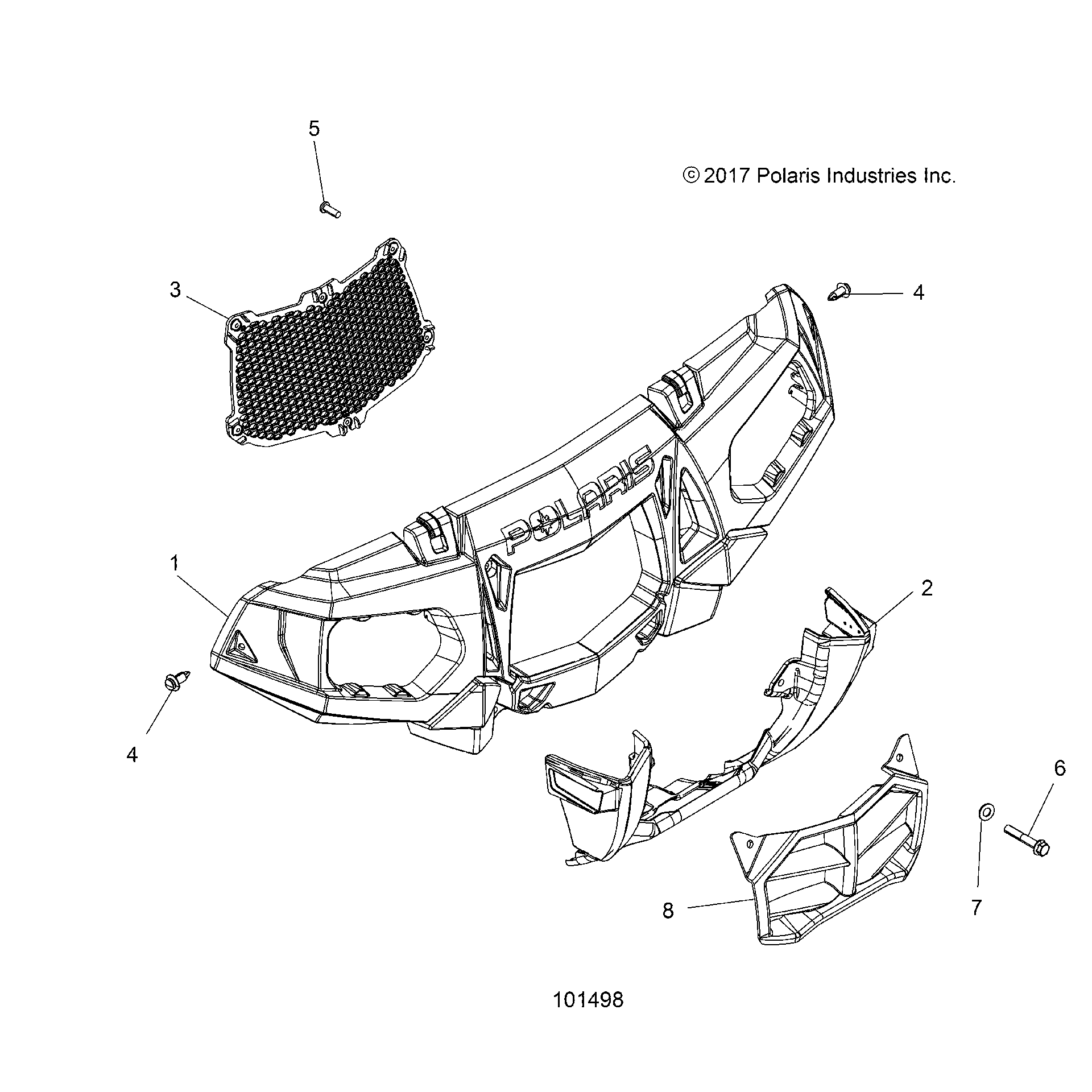 An Image of a Genuine Polaris Parts Schematic Diagram showing the schematic - BODY: FRONT BUMPER and MOUNTING - 2018 POLARIS SPORTSMAN 850 HIGH LIFTER
