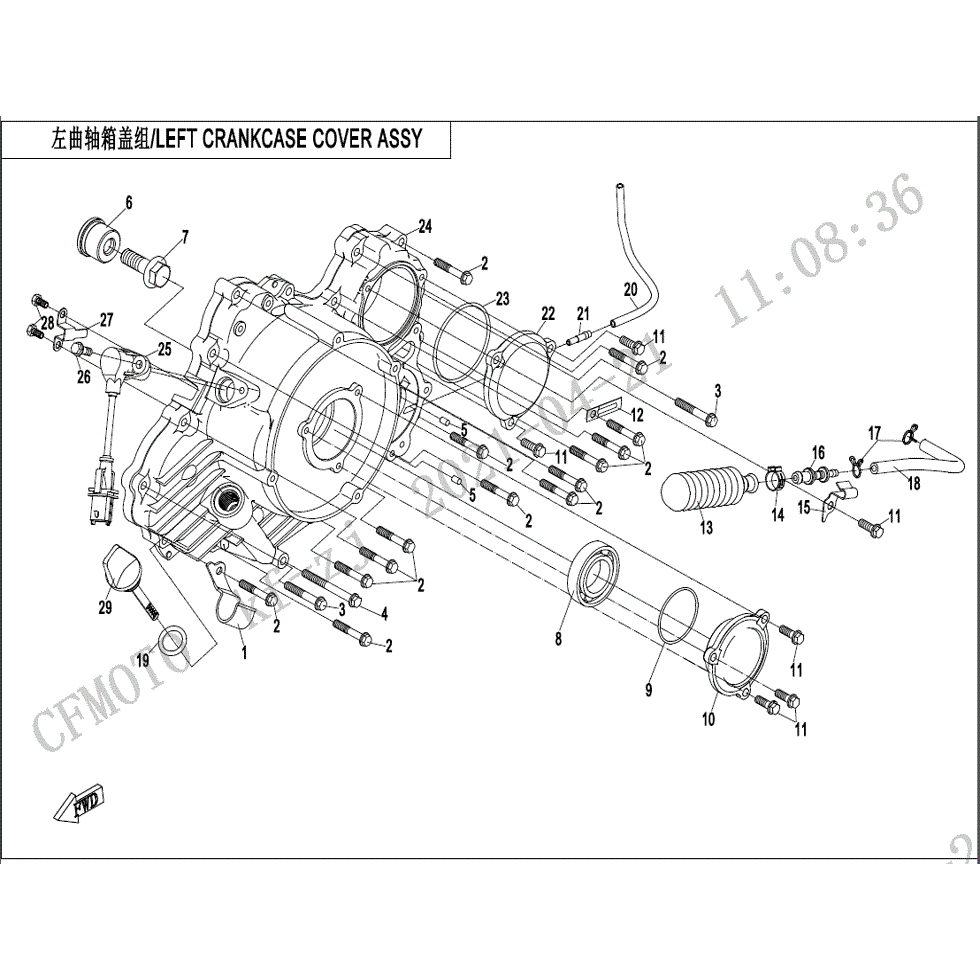 An Image of a genuine CFMOTO Parts Schematic Diagram showing the group - LEFT CRANKCASE COVER ASSY. - 2022 CFMOTO CFORCE 1000 Overland