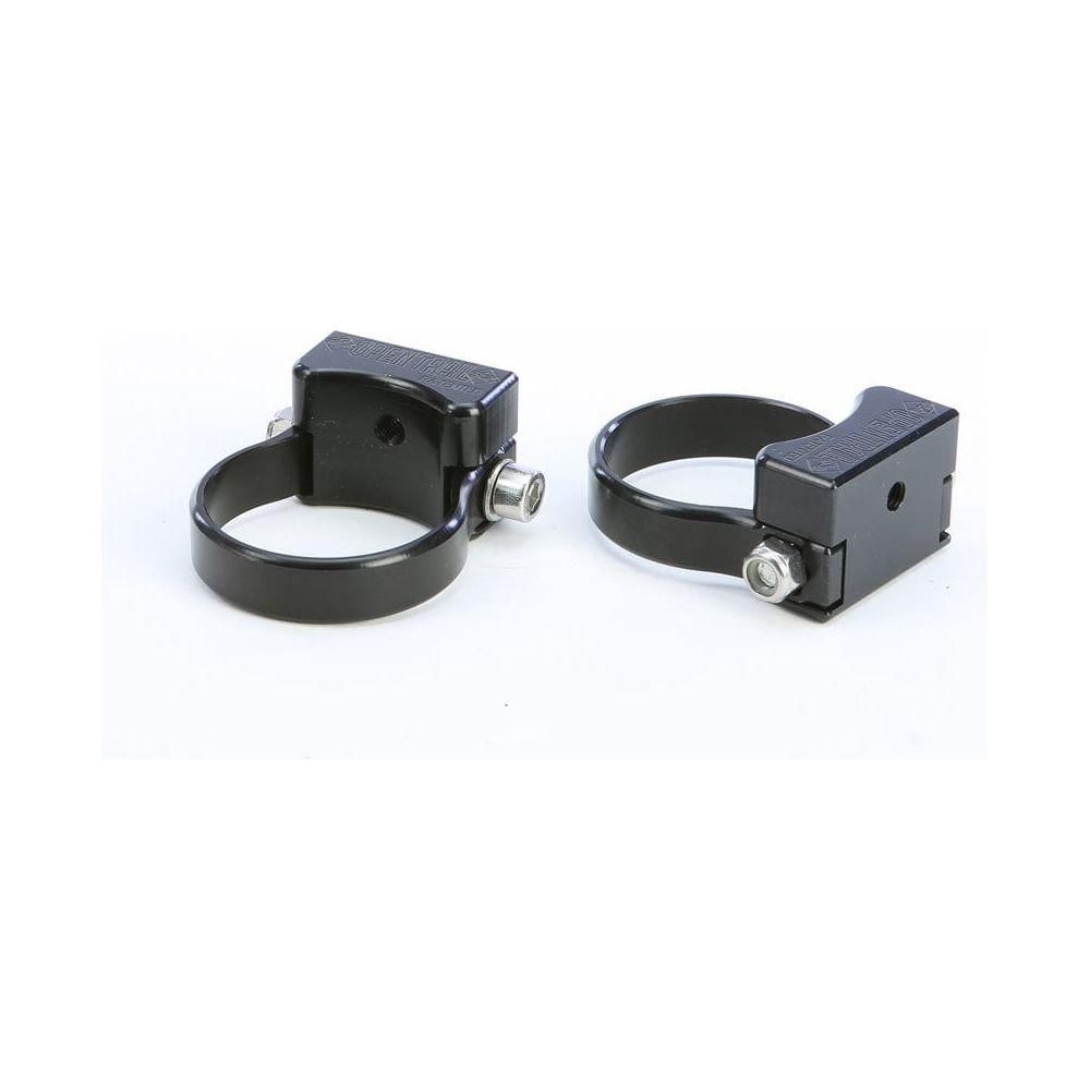 A pair of Light Bar Brackets 1.70 by Open Trail with black metal circular clamps and silver bolts are shown on a white background, ideal for securely mounting your LED light bar in the USA.