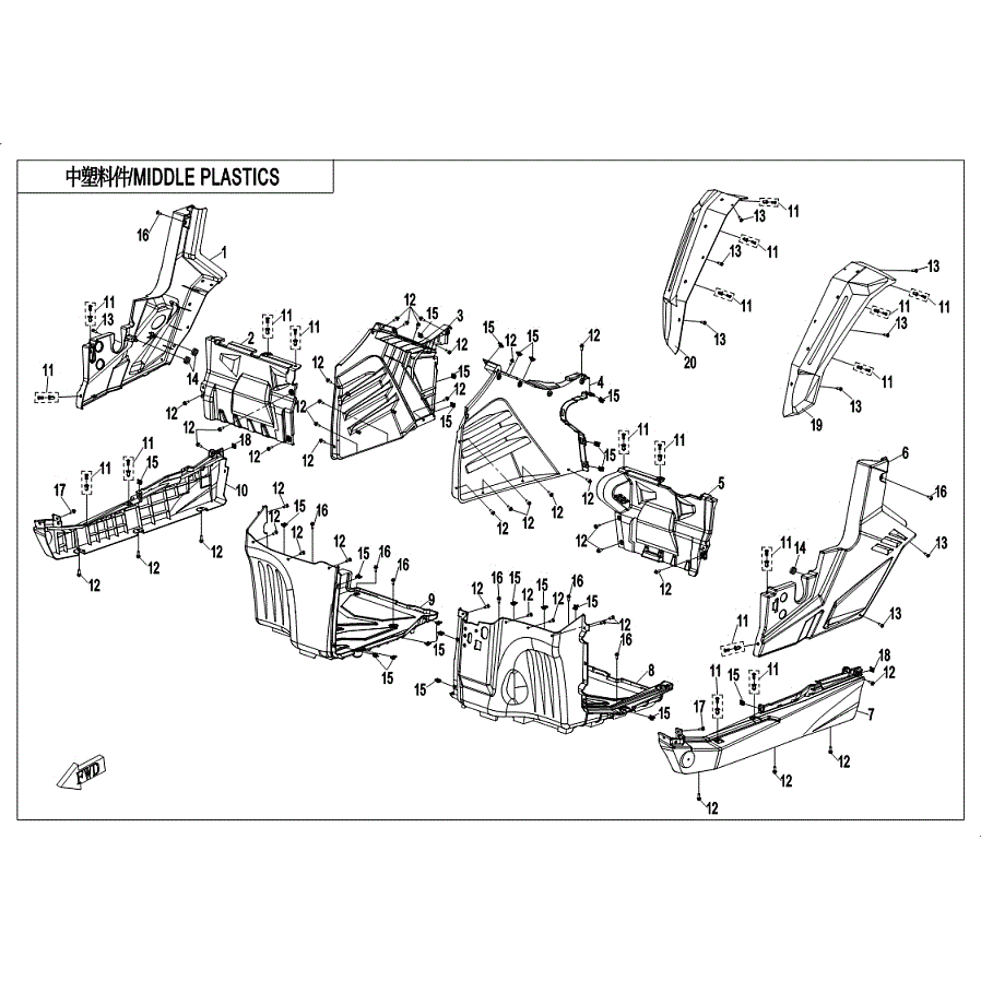 An Image of a Genuine CFMOTO Parts Schematic Diagram showing the schematic - MIDDLE PLASTICS(2) - 2019 CFMOTO UFORCE 800