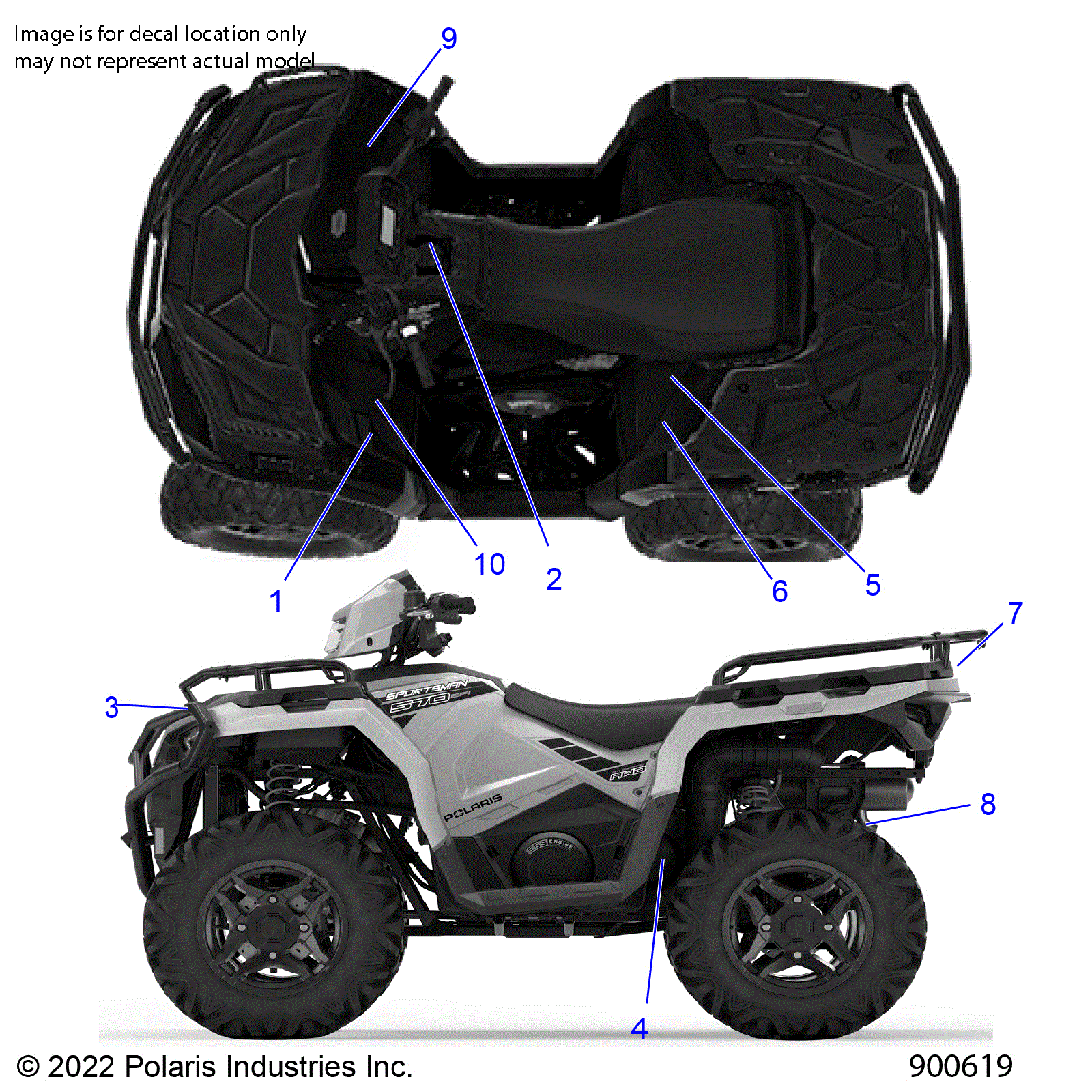 An Image of a Genuine Polaris Parts Schematic Diagram showing the schematic - BODY: DECALS GENERAL - 2023 POLARIS SPORTSMAN 570 TRAIL EBS LE RC