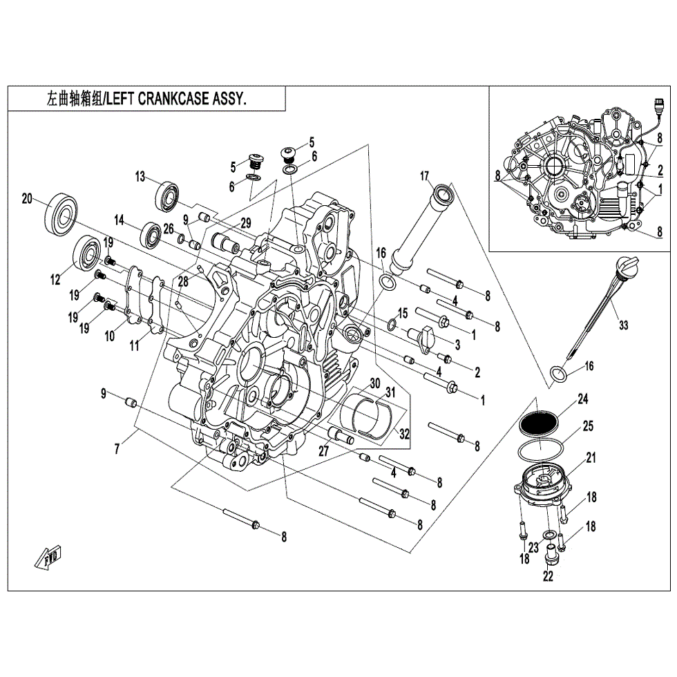 An Image of a Genuine CFMOTO Parts Schematic Diagram showing the schematic - LEFT CRANKCASE ASSY. - 2022 CFMOTO ZFORCE 500