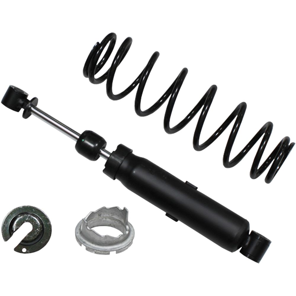 The Polaris Sportsman/Hawkeye UTV/ATV Rear Gas Shock by Bronco includes a black coil spring and two silver mounting parts, displayed on white. Available for your UTV/ATV needs at Witchdoctors.com.
