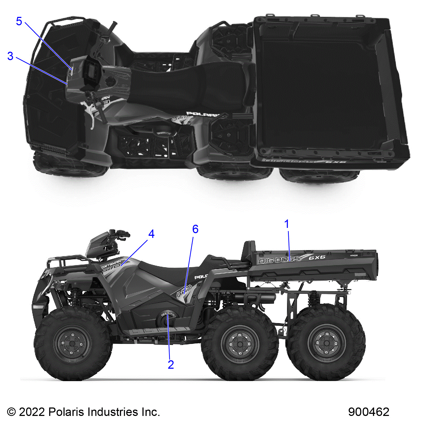 An Image of a Genuine Polaris Parts Schematic Diagram showing the schematic - BODY: DECALS GRAPHICS - 2023 POLARIS SPORTSMAN 570 6X6