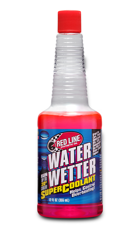 A clear 12 fl oz (355 ml) plastic bottle with a red cap holds Red Line Water Wetter Coolant, a red liquid that improves heat transfer and protects cooling systems from rust and corrosion.