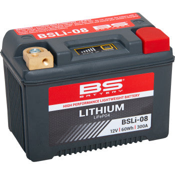 Compact black lithium battery with red and white labeling, brass terminal, model BSLi-08, 12V 60Wh 300A capacity.
