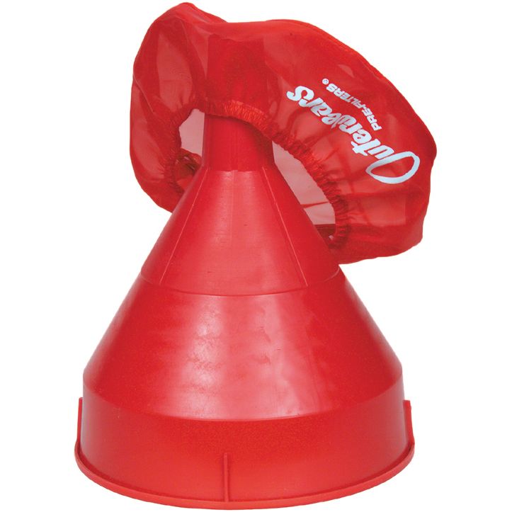 The Funnel Pre-Filter 2 Quart by Outerwears is a red plastic funnel with a water-repellent pre-filter and red mesh cover for sand and dirt protection, featuring "Quickcar’s" in white text on top.