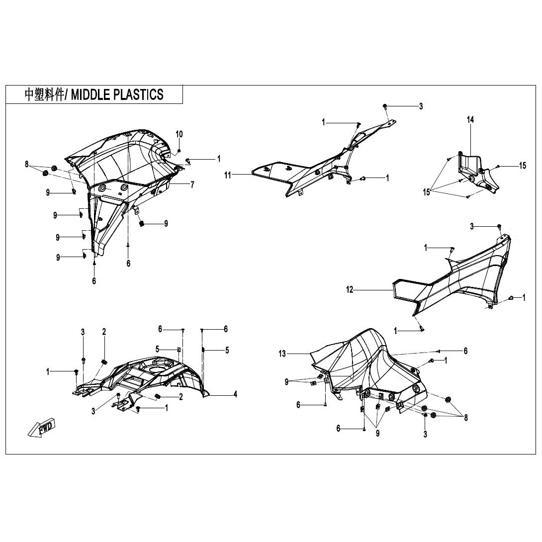An Image of a genuine CFMOTO Parts Schematic Diagram showing the group - MIDDLE PLASTICS - 2020 CFMOTO CFORCE 600