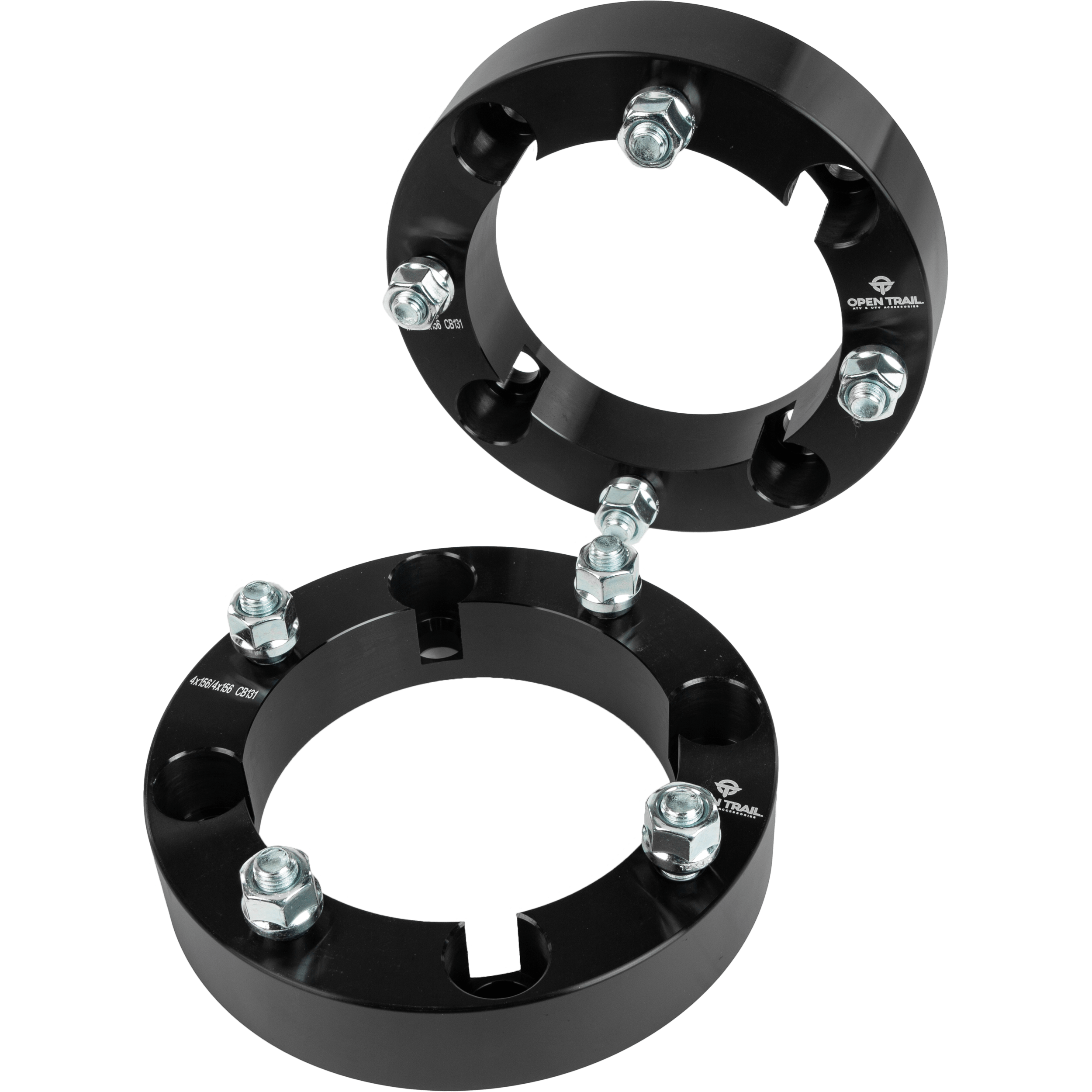 Two Wheel Spacer 1.5 4/156 Stud: 12mm x 1.5mm by Open Trail, black aluminum alloy with bolts, one upright and one flat, designed for mounting on vehicle wheels to enhance stability.