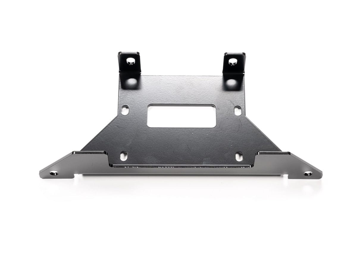 The Polaris Ranger 1000 (2021-2023) Winch Mounting Kit by Warn features a corrosion-resistant black metal bracket with a central rectangular cutout, angled sides, and multiple screw holes—perfect for ATV winch installations.