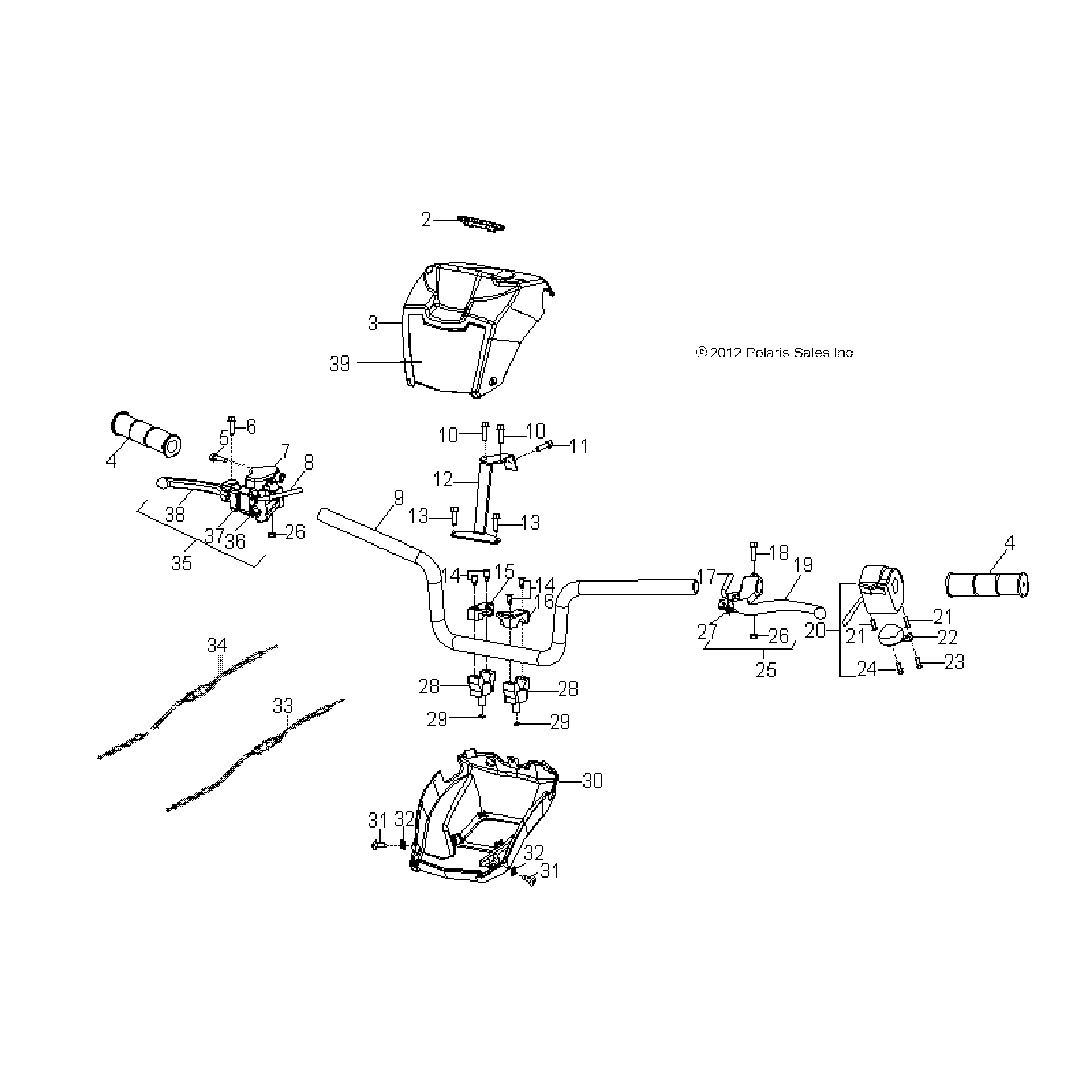 An Image of a Genuine Polaris Parts Schematic Diagram showing the schematic - STEERING: HANDLEBAR - 2016 POLARIS SPORTSMAN 90