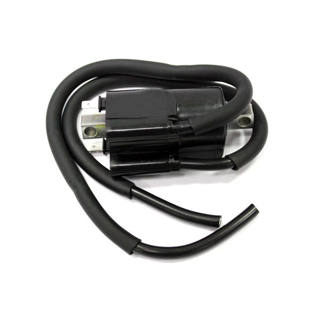 The Yamaha Banshee Ignition Coil by Bronco is black with two thick, attached black wires loosely coiled around the main component, displayed against a white background.