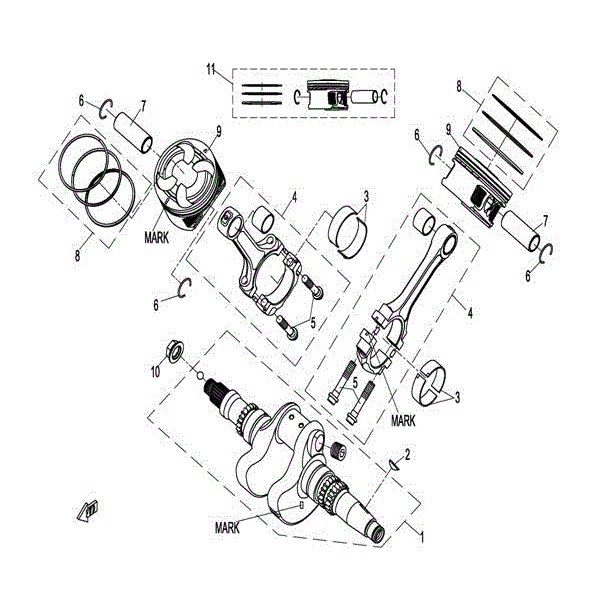 An Image of a genuine CFMOTO Parts Schematic Diagram showing the group - CRANKSHAFT ASSY & PISTON - 2015 CFMOTO CFORCE 800 X8